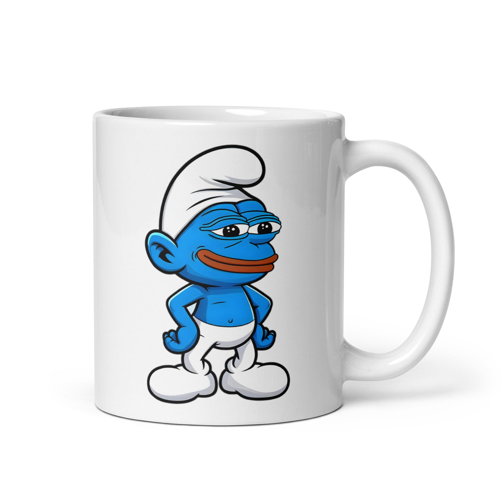 Funny 11oz Pepe the Smurf coffee mug featuring a mashup of Pepe the Frog and a Smurf, with the handle on the right. Perfect for meme collectors and cartoon fans.