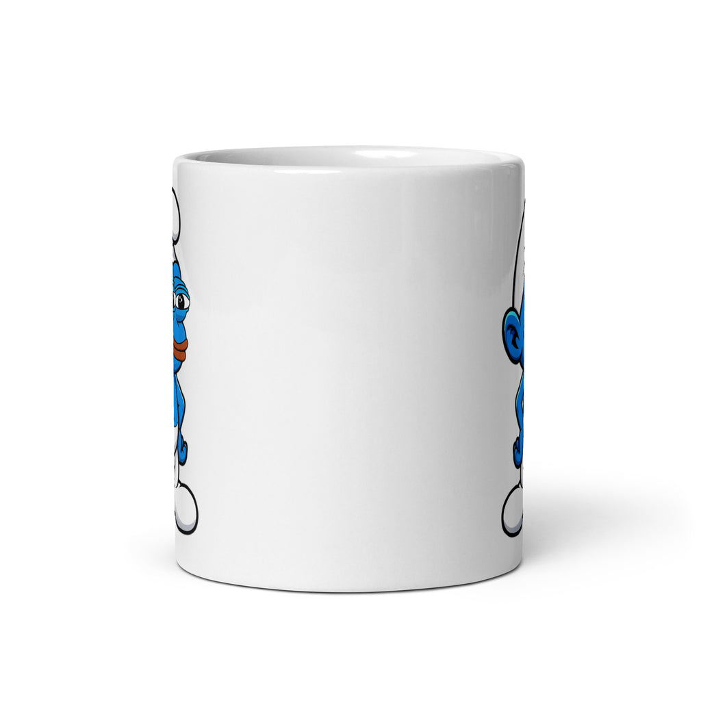 11oz Pepe the Smurf crossover mug, front view showing artwork on both sides. A great gift for internet culture enthusiasts and meme lovers.