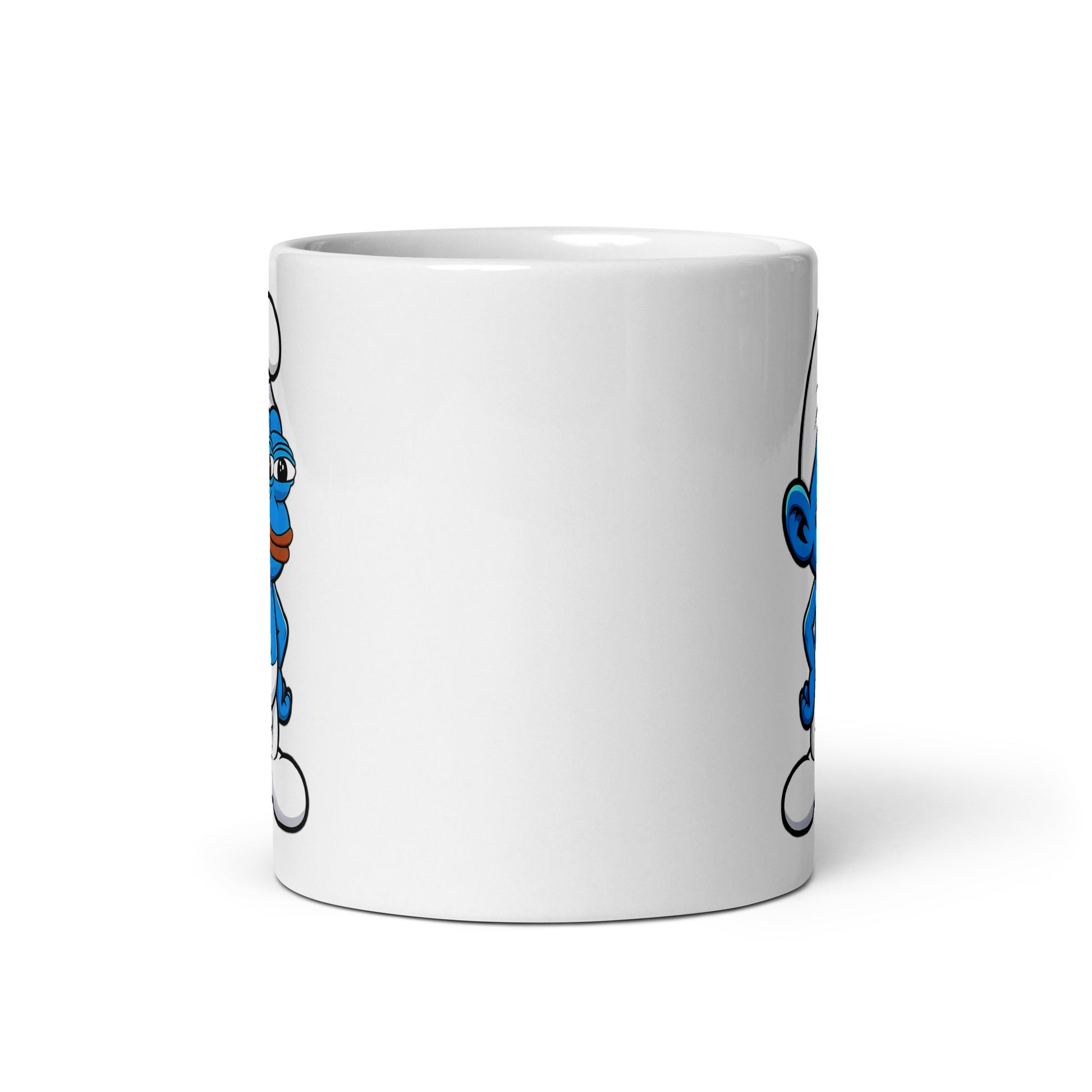 11oz Pepe the Smurf crossover mug, front view showing artwork on both sides. A great gift for internet culture enthusiasts and meme lovers.