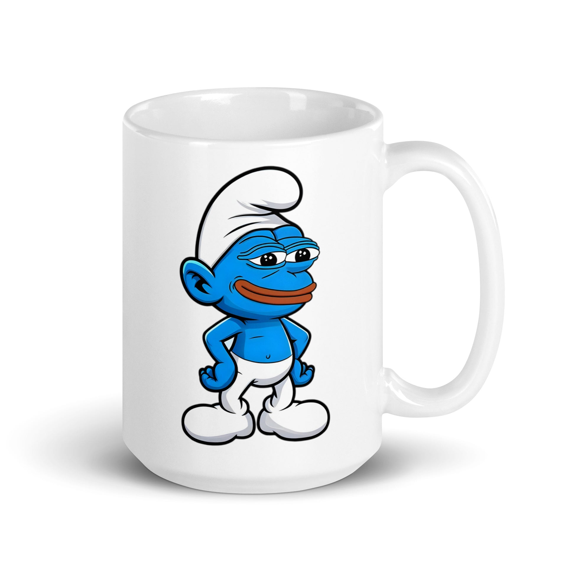 Large 15oz Pepe the Smurf ceramic mug featuring the funny fusion of Pepe the Frog and a Smurf, handle on the right. Ideal for coffee drinkers and meme fans.