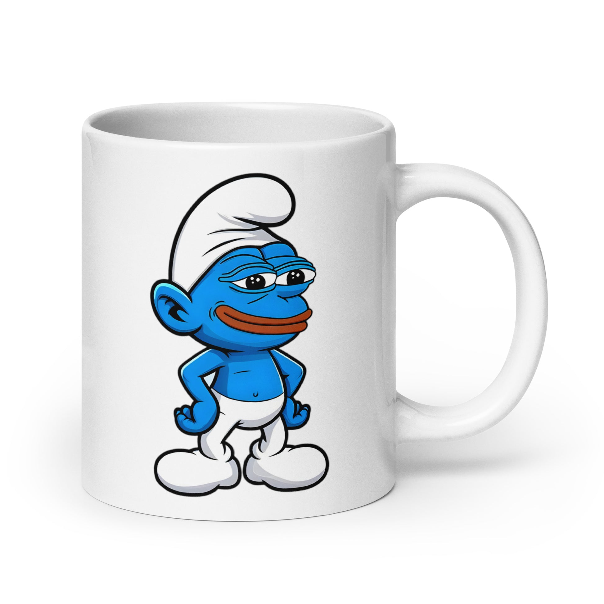 Extra large 20oz Pepe the Smurf meme coffee mug, handle on the right. A quirky and fun drinkware choice for fans of Pepe the Frog, memes, and cartoon crossovers.