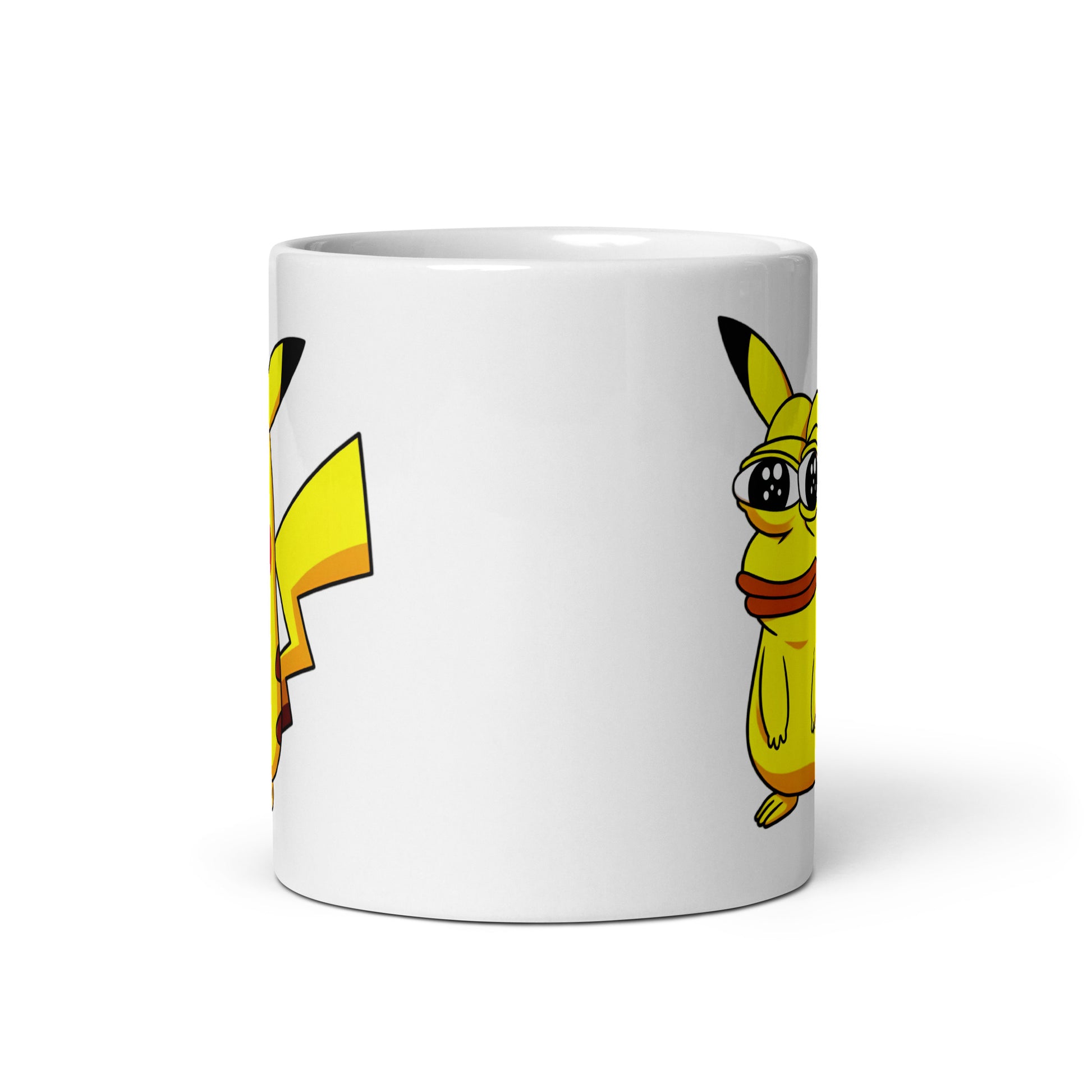 11oz mug showcasing Pepechu, the ultimate fusion of Pikachu and Pepe, front view with glimpses of the design on both sides.