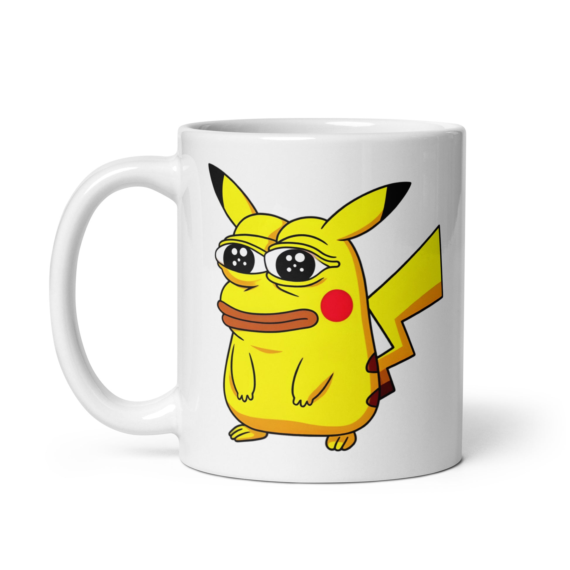 11oz mug with Pepechu artwork, the Pikachu x Pepe crossover, capturing pure meme chaos, handle on the left.