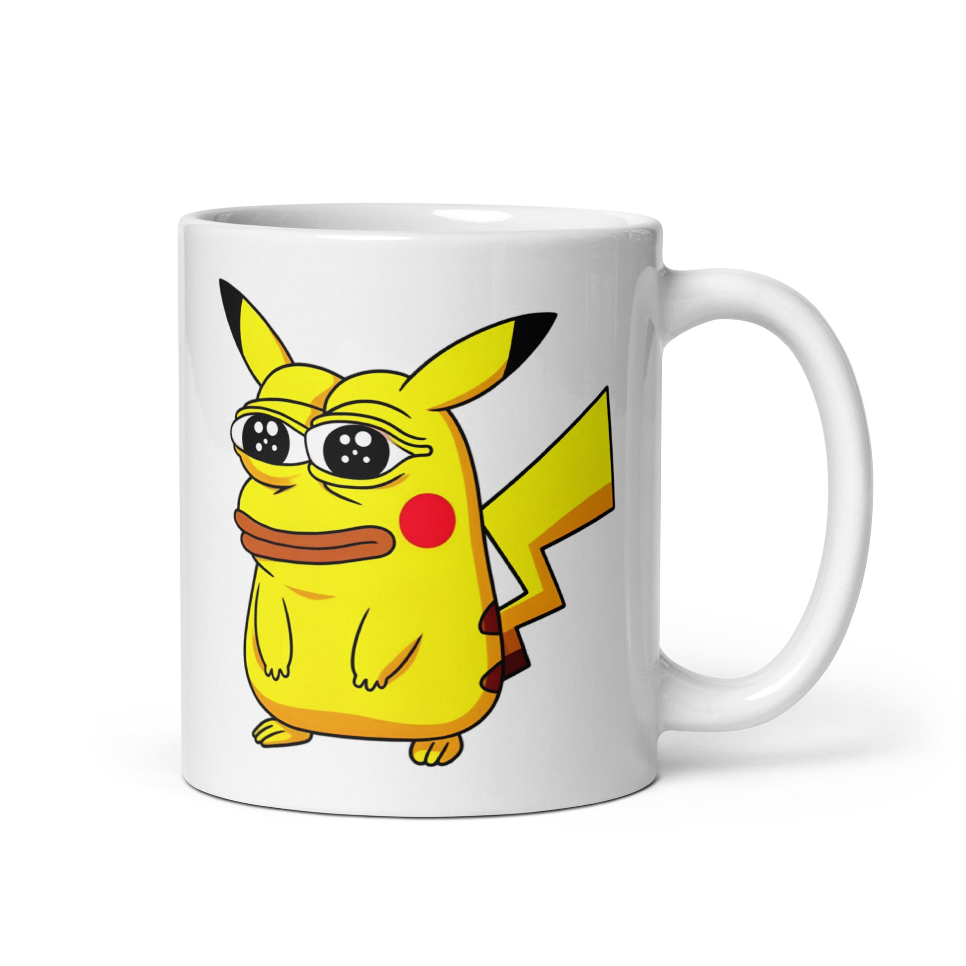 11oz mug featuring Pepechu, a Pikachu and Pepe meme mashup, handle on the right.