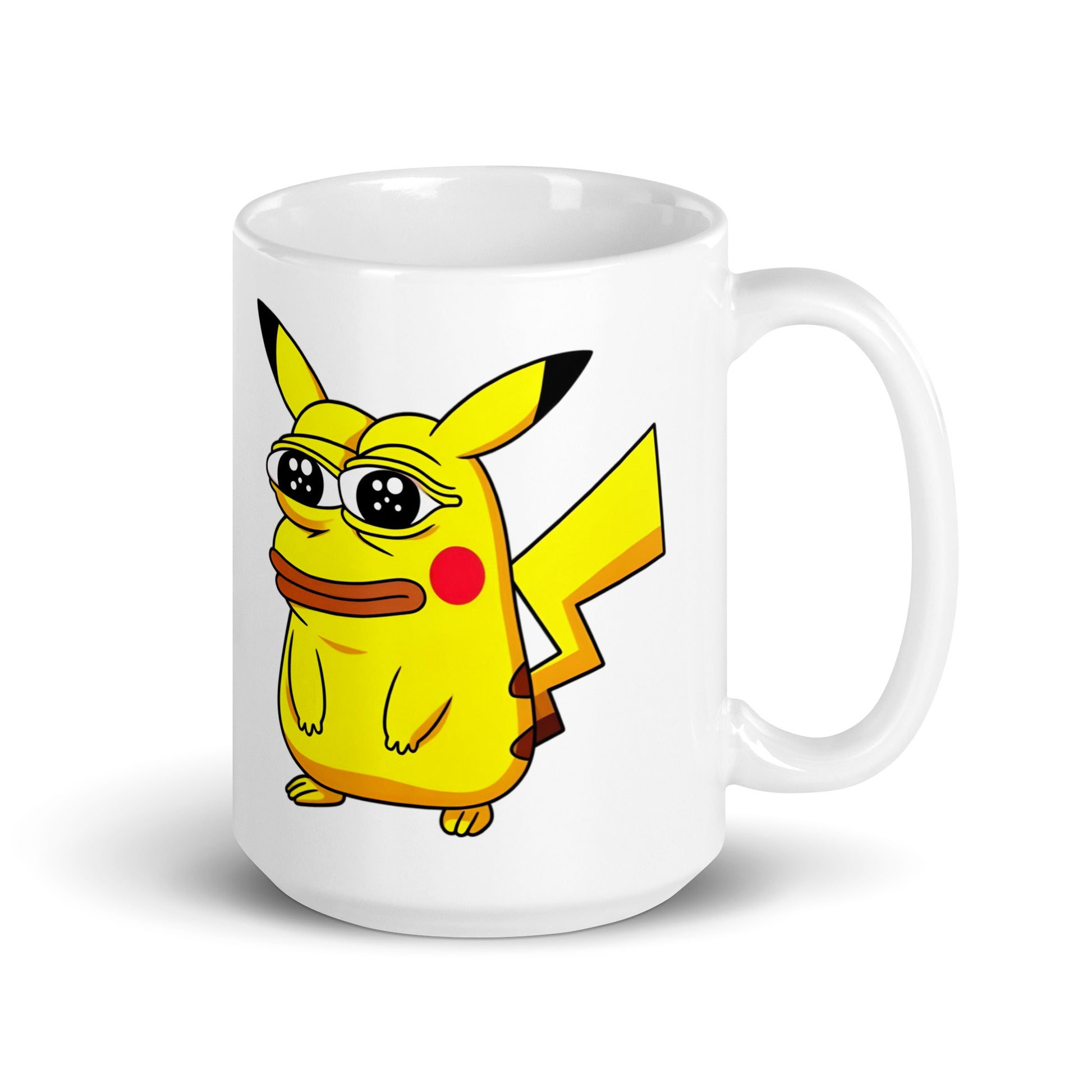 15oz mug featuring Pepechu, blending Pikachu’s electric energy with Pepe’s existential meme greatness, handle on the right.