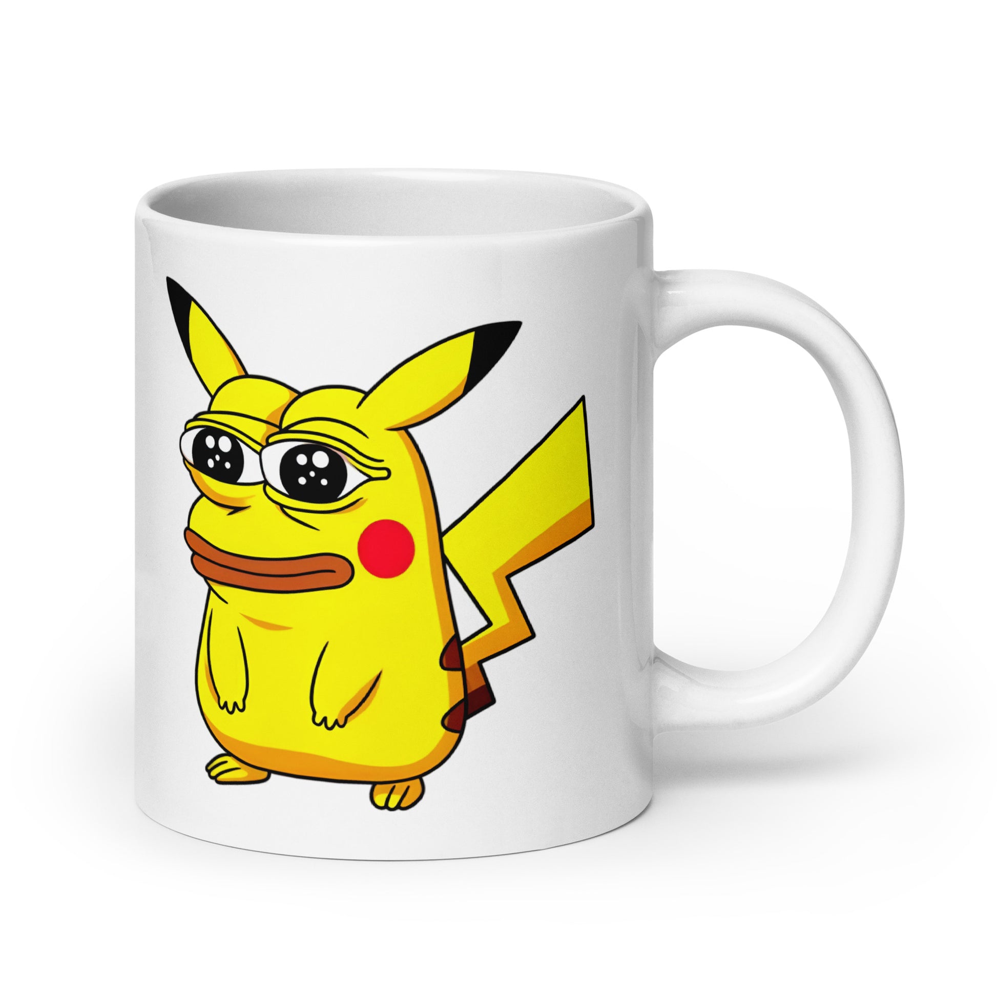 20oz mug with the unmistakable Pepechu fusion, Pikachu meeting Pepe in a crossover of internet meme perfection, handle on the right.