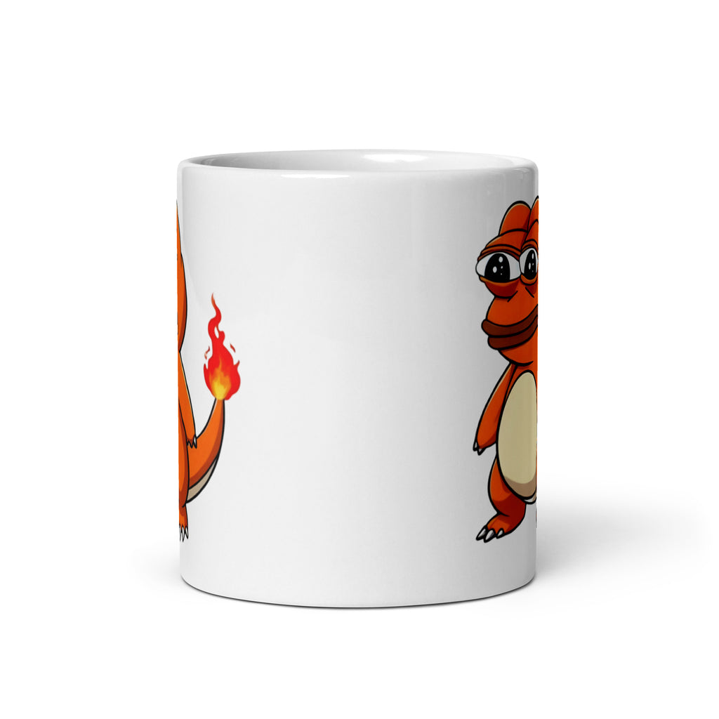 11oz mug showcasing Pepemander, the cursed fusion of Charmander and Pepe, front view with glimpses of the design on both sides.