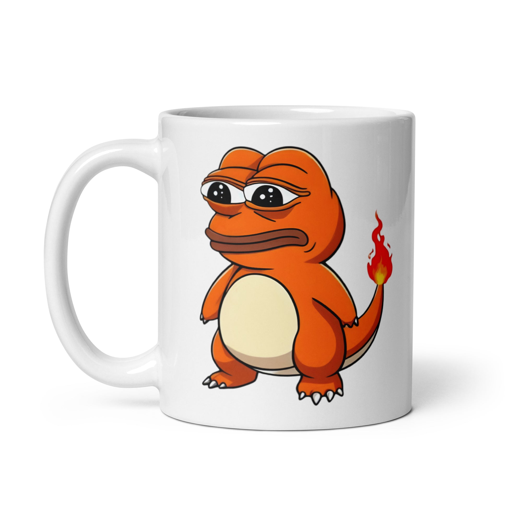 11oz mug with Pepemander artwork, the Pokémon x Pepe crossover, capturing peak meme chaos, handle on the left.