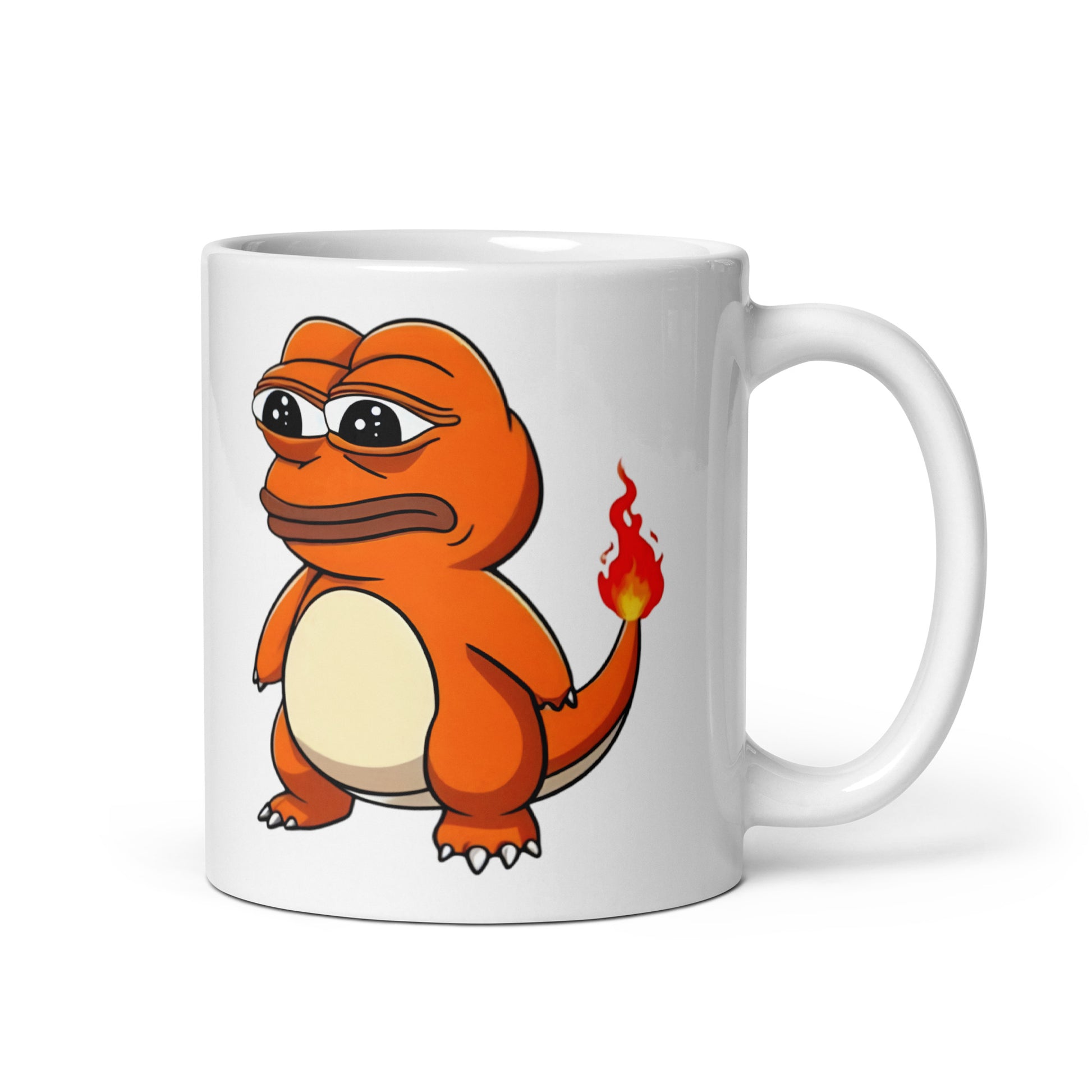11oz mug featuring Pepemander, a Charmander and Pepe meme mashup, handle on the right.