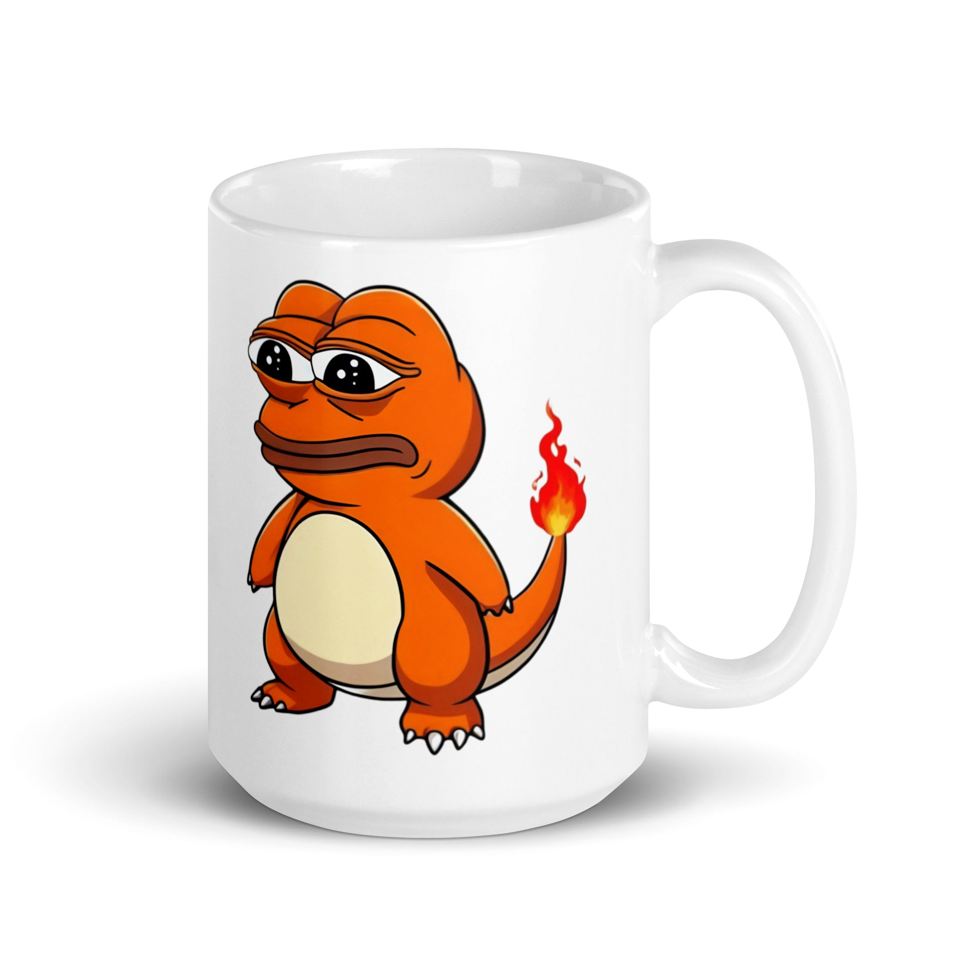 15oz mug featuring Pepemander, blending Charmander’s fire energy with Pepe’s existential struggle, handle on the right.
