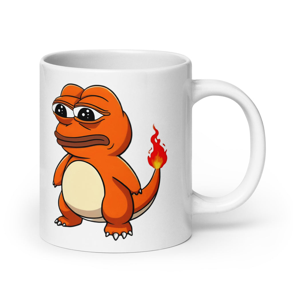 20oz mug with the unmistakable Pepemander fusion, Charmander meets Pepe in the most unstable crossover imaginable, handle on the right.