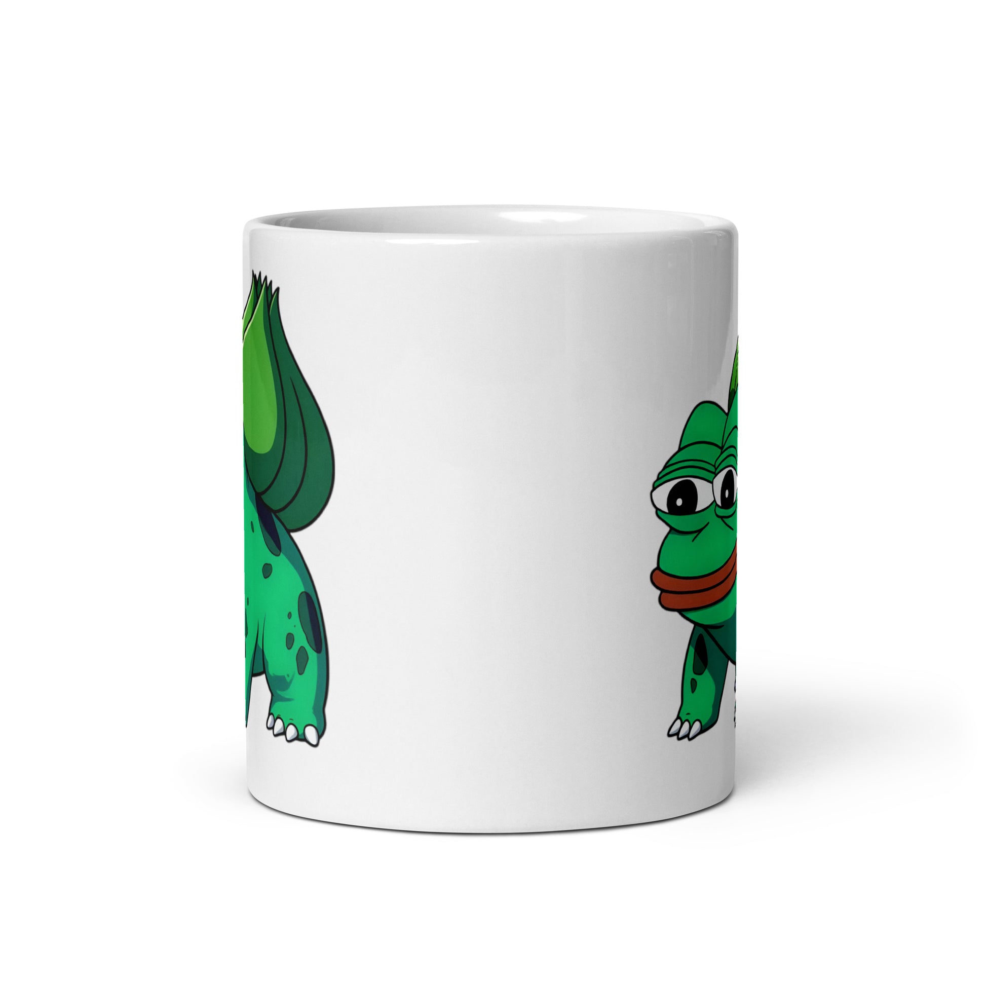11oz mug showcasing Pepesaur, the cursed fusion of Bulbasaur and Pepe, front view with glimpses of the design on both sides.