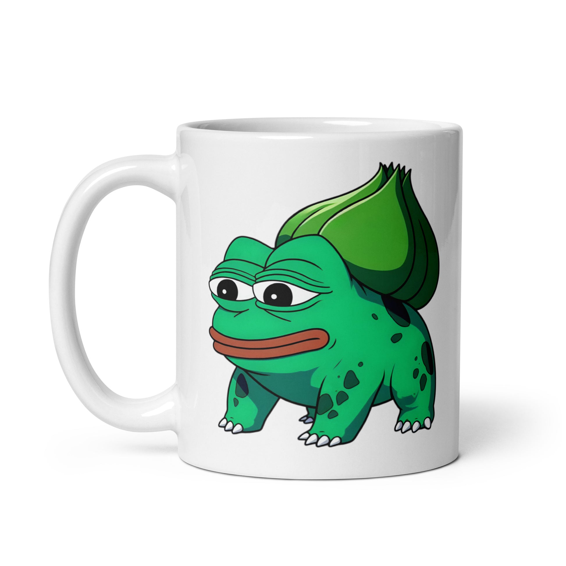 11oz mug with Pepesaur artwork, the Pokémon x Pepe crossover, capturing peak meme absurdity, handle on the left.