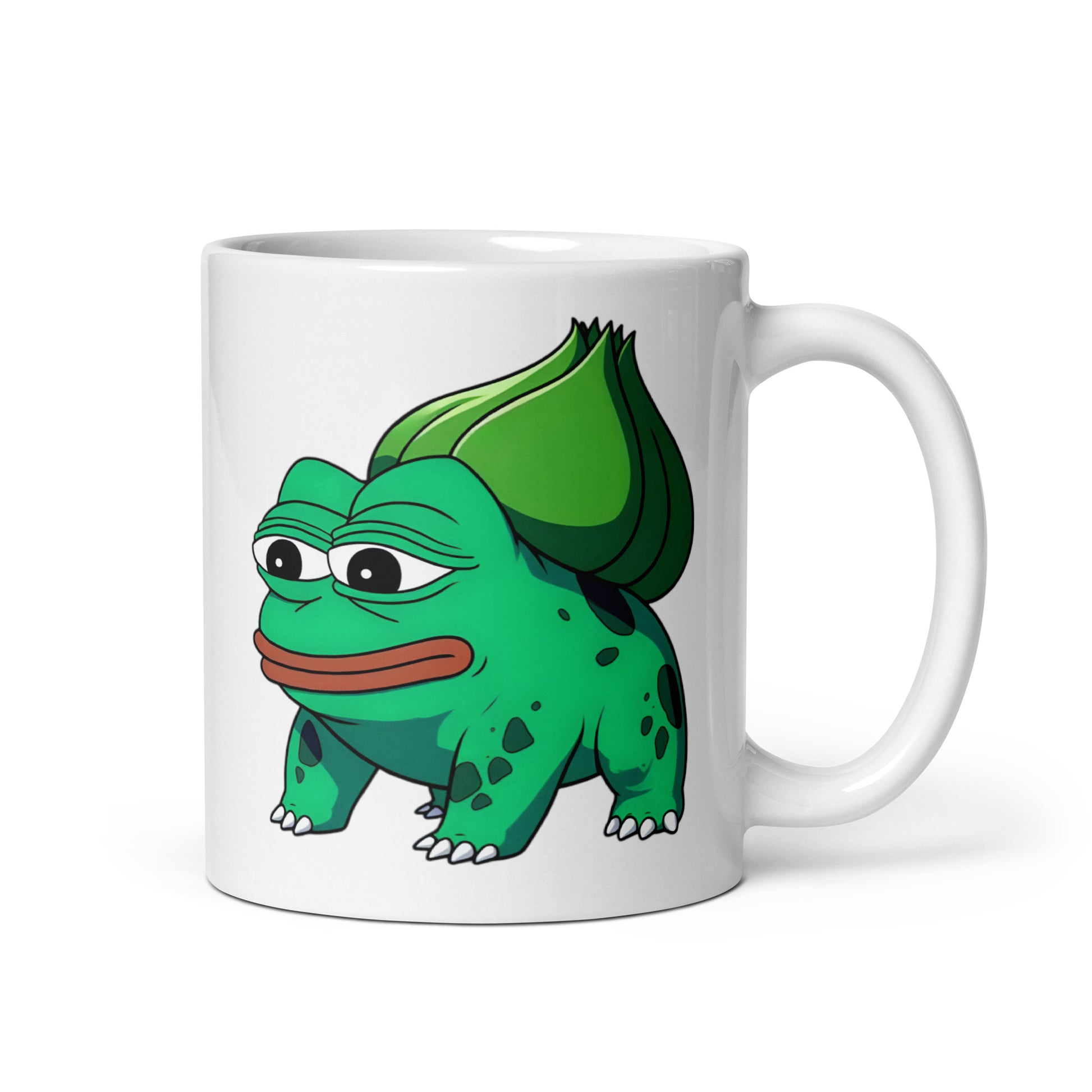 11oz mug featuring Pepesaur, a Bulbasaur and Pepe meme mashup, handle on the right.