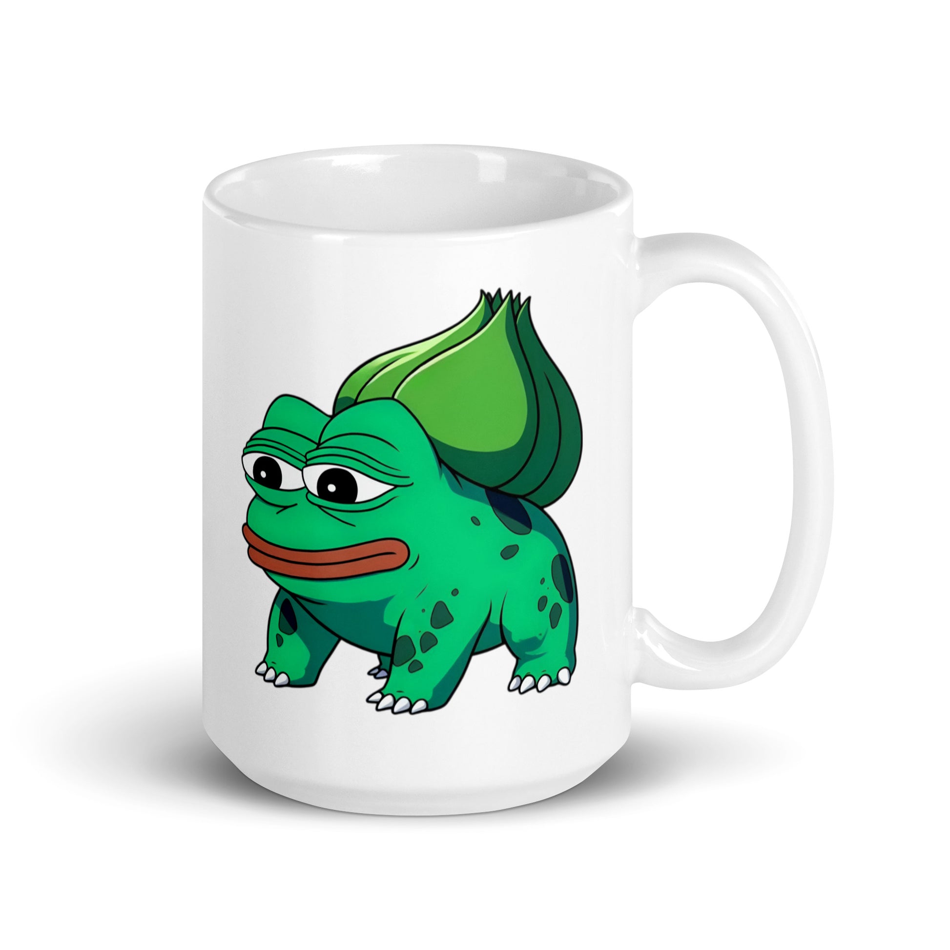 15oz mug featuring Pepesaur, blending Bulbasaur’s plant-based energy with Pepe’s existential dread, handle on the right.