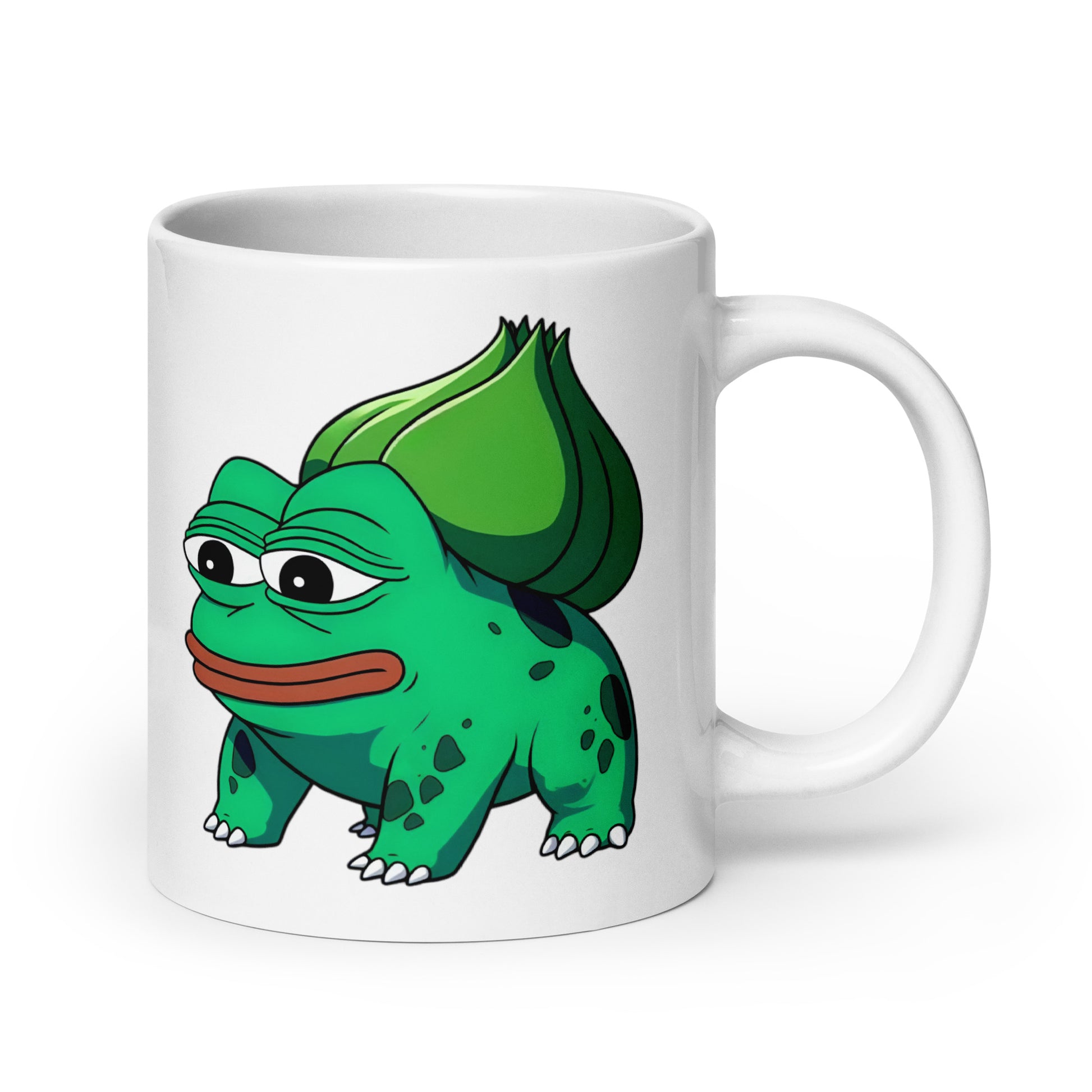 20oz mug with the unmistakable Pepesaur fusion, Bulbasaur meets Pepe in the most emotionally unstable crossover imaginable, handle on the right.