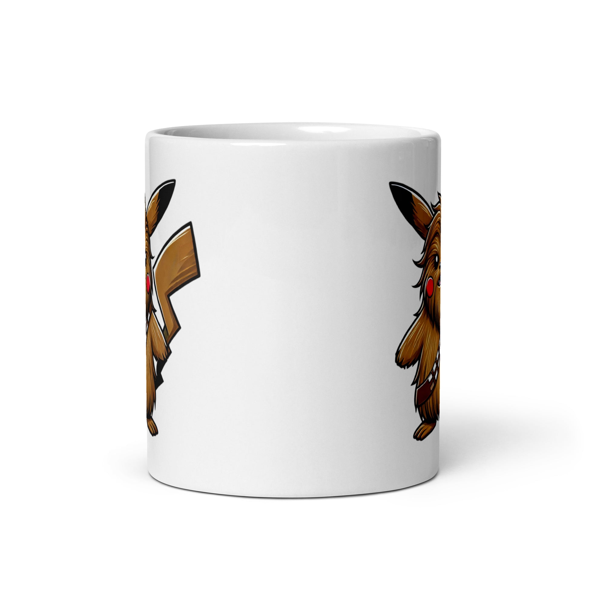Front view of the PikaChew Mug (11oz), a funny Pokémon and Star Wars mashup coffee cup, showing a clean center design with partial glimpses of Pikachu and Chewbacca on the sides. ideal for fans of geeky novelty mugs.