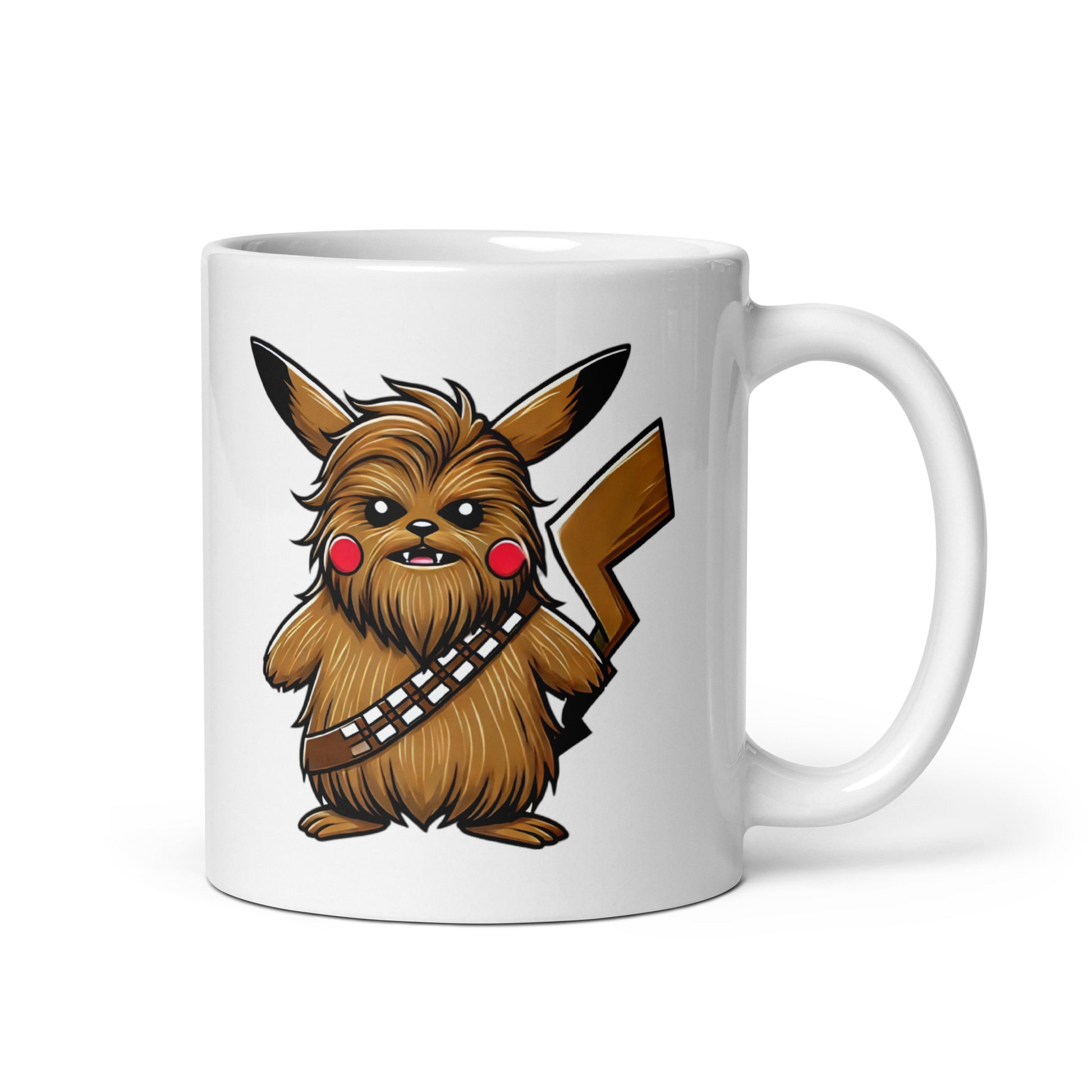 Close-up of the left side of the PikaChew Mug (11oz), featuring the full mashup character of Pikachu and Chewbacca, a unique Pokémon x Star Wars crossover design printed on a ceramic coffee cup for geeky collectors and coffee lovers.