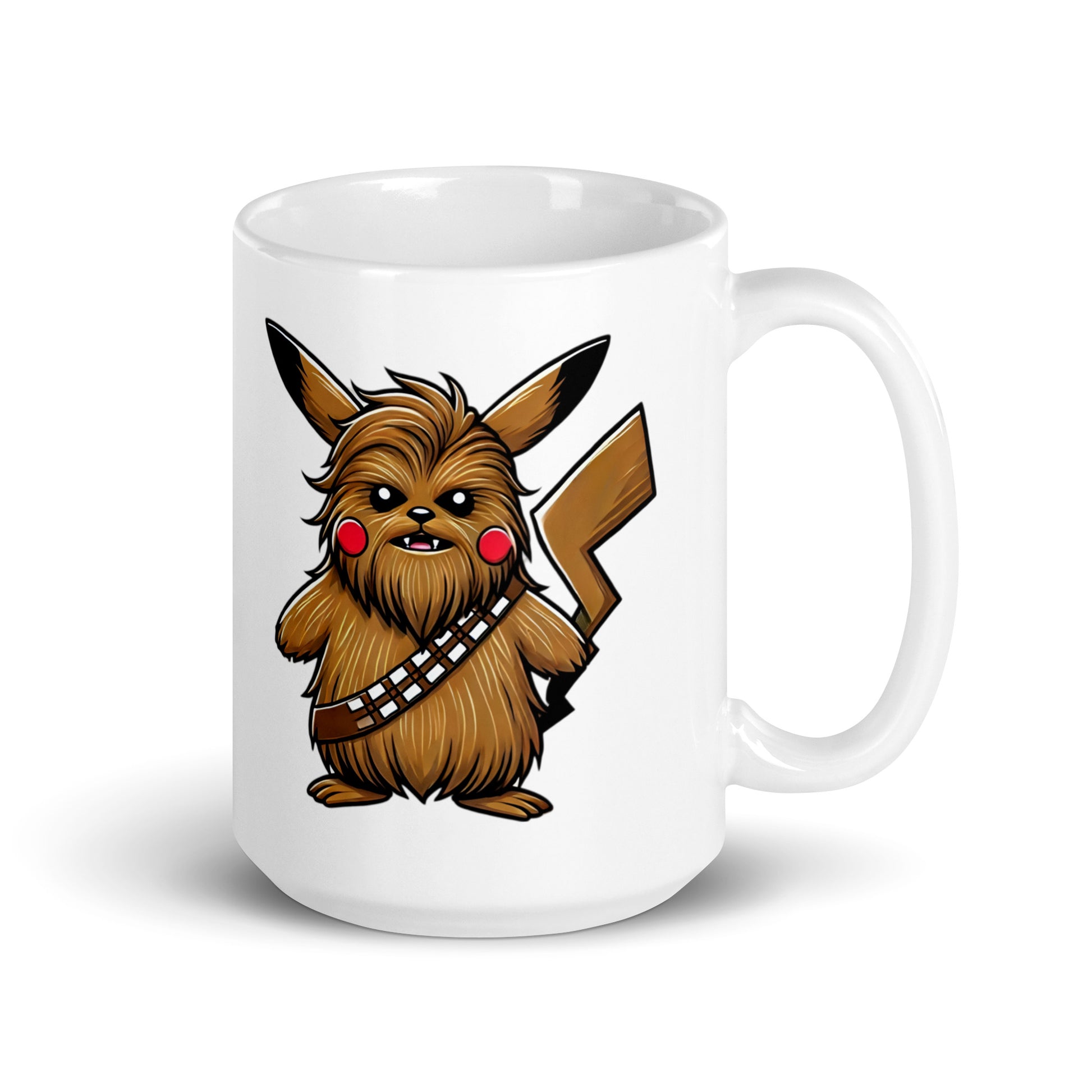 Larger-sized PikaChew Mug (15oz) with a full view of Pikachu and Chewbacca mashed together in an electrifying Pokémon x Star Wars parody design, printed on a durable ceramic coffee cup for fans who need extra caffeine power.