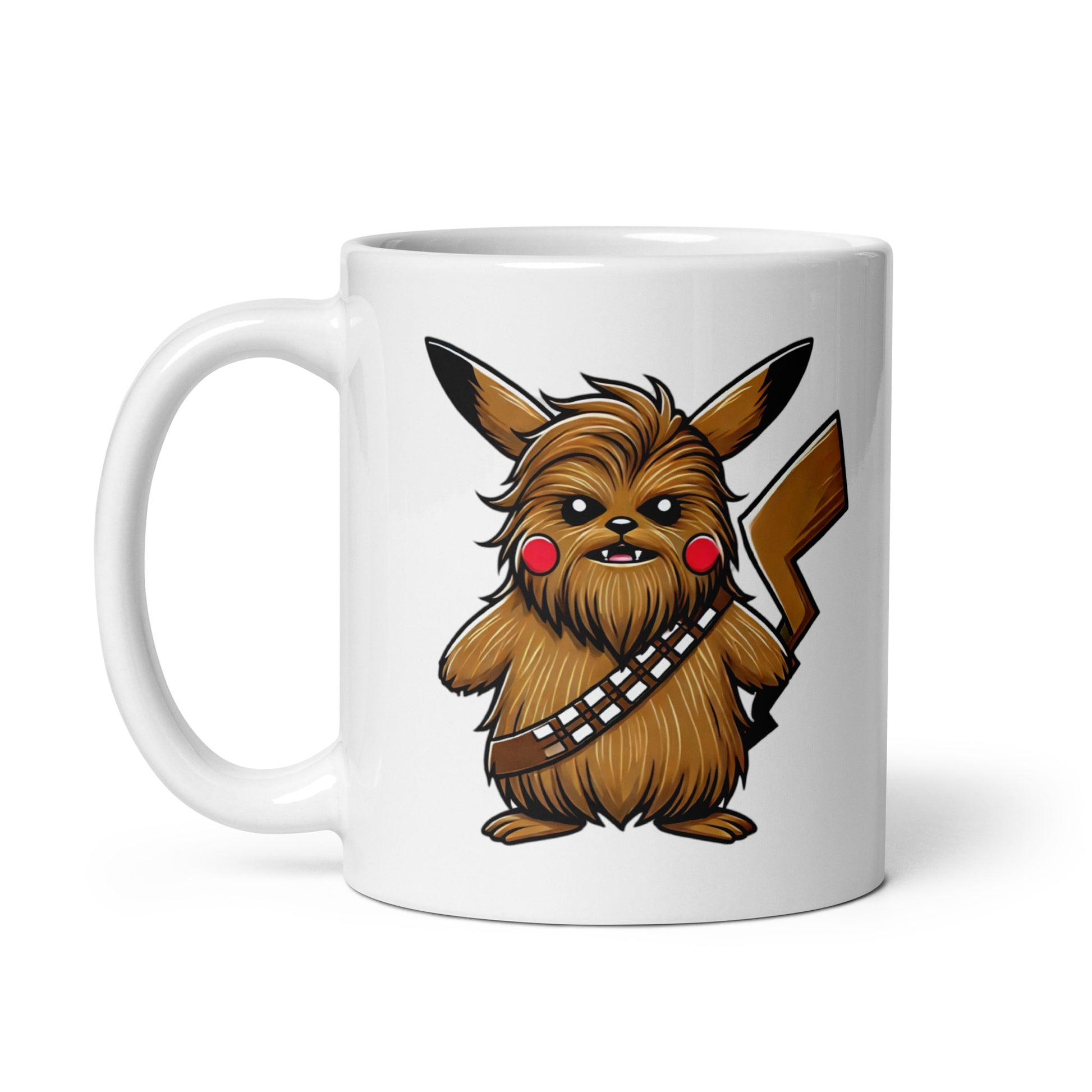 Right-side close-up of the PikaChew Mug (11oz), displaying the full fusion character of Pikachu and Chewbacca, perfect for those seeking quirky Pokémon and Star Wars gifts or a nerdy crossover coffee mug.
