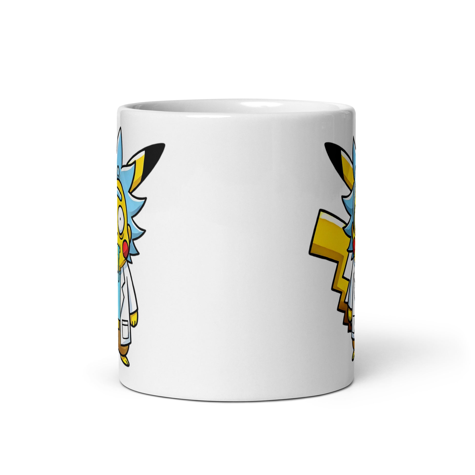 11oz Pikachu and Rick Sanchez crossover mug, front view showing the design on both sides. A must-have for anime lovers, gamers, and pop culture enthusiasts.