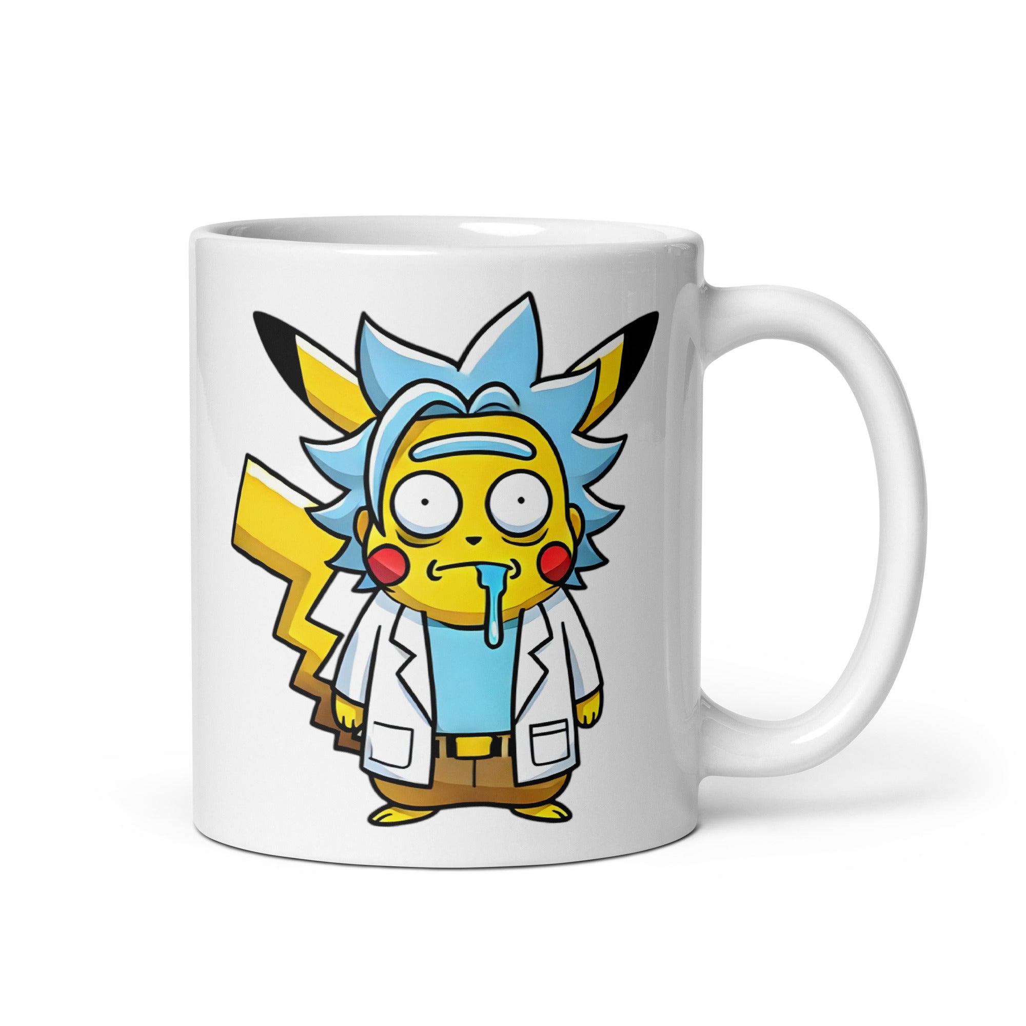 Funny 11oz PikaRick coffee mug featuring a mashup of Pikachu and Rick Sanchez, with the handle on the right. Perfect for anime, Pokémon, and Rick and Morty fans.