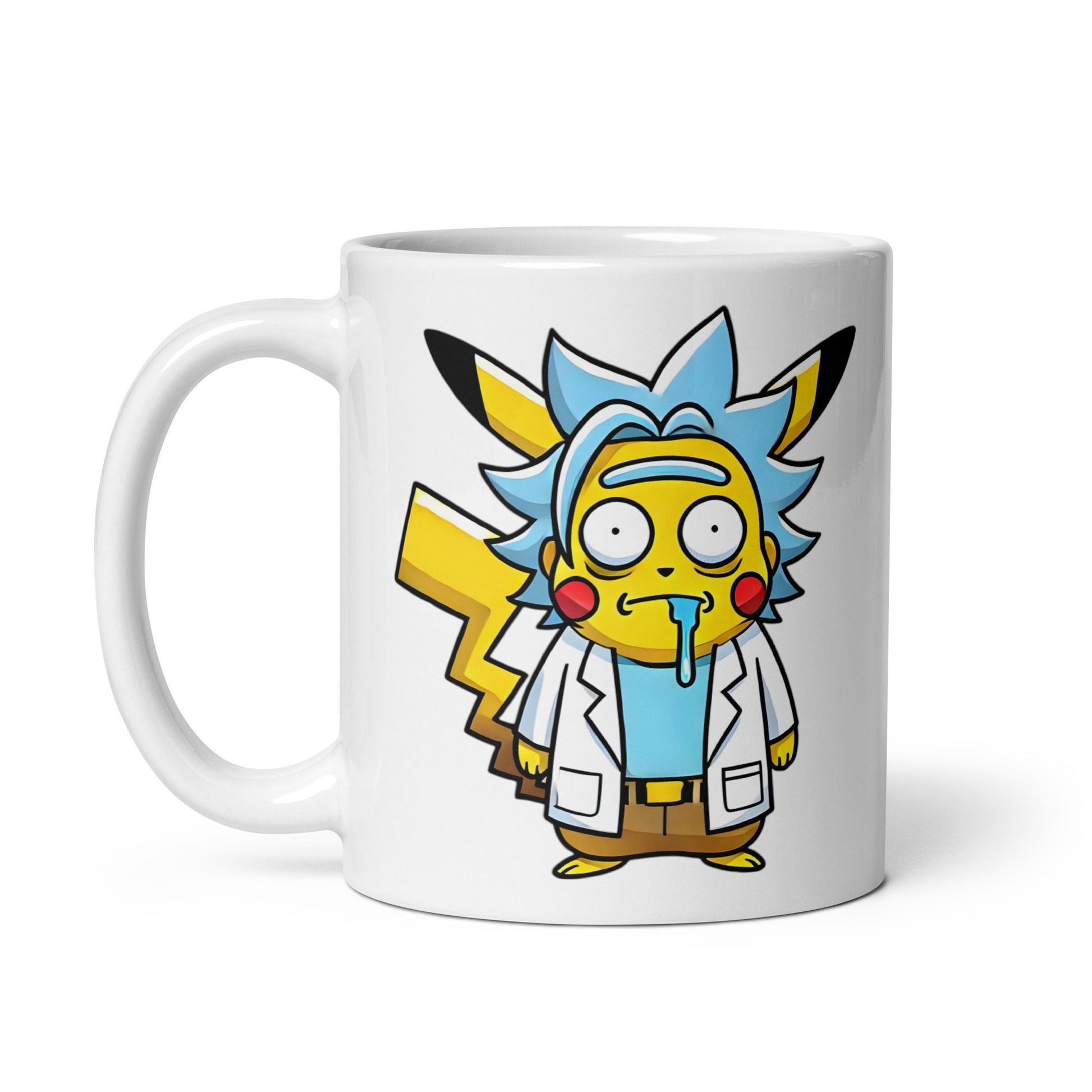 Large 15oz PikaRick ceramic mug featuring Pikachu and Rick Sanchez fusion design, handle on the right. Ideal for coffee drinkers, meme lovers, and geeky collectors.