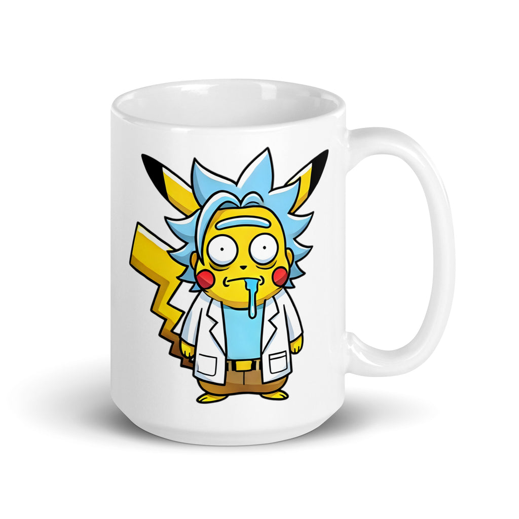 Extra-large 20oz Pikachu and Rick Sanchez mashup coffee mug, handle on the right. A quirky and fun drinkware choice for fans of Pokémon, Rick and Morty, and anime mashups.