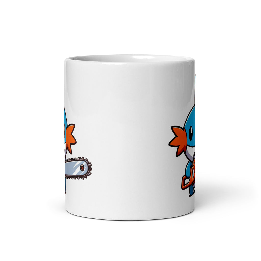 Front-facing shot of the Killémon Mudkip Mug (11oz), featuring a bold center design with partial glimpses of the chainsaw-wielding Mudkip, proving that even the cutest Pokémon have their breaking point.
