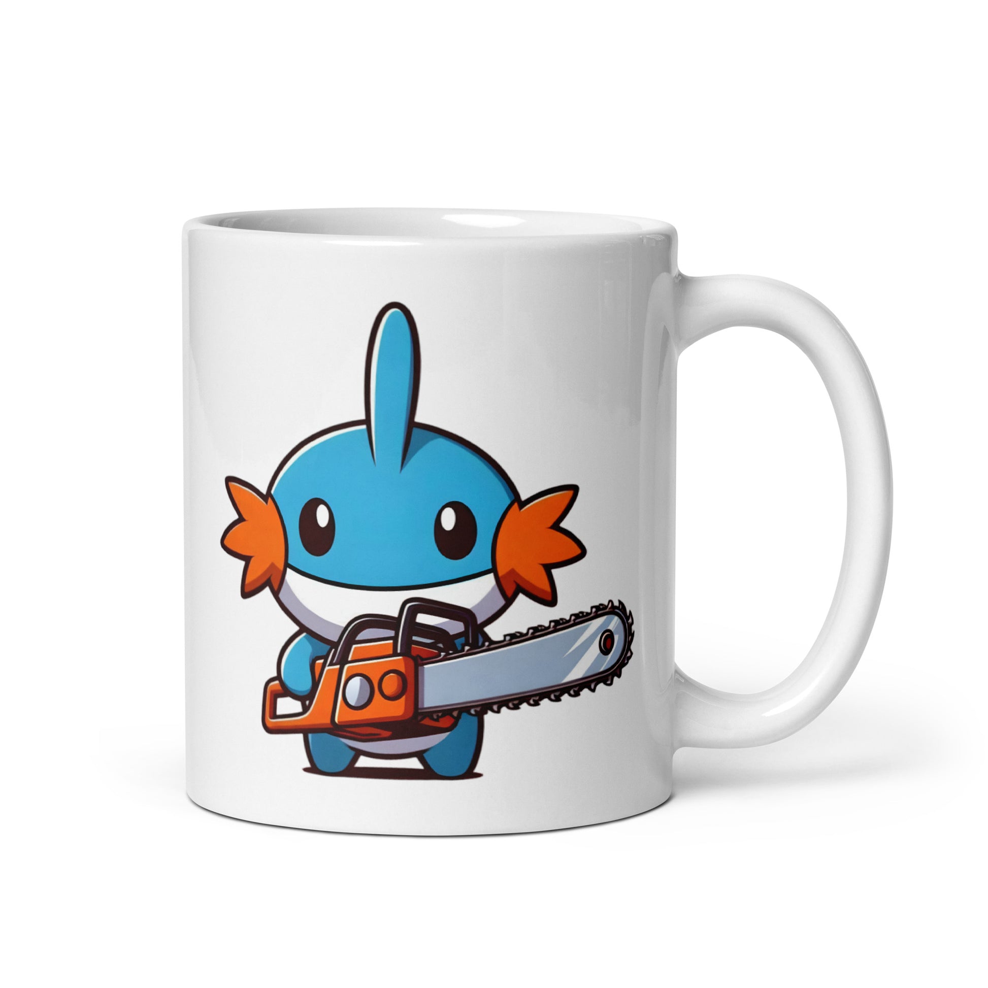 Close-up of the left side of the Killémon Mudkip Mug (11oz), featuring Mudkip holding a chainsaw, ready for battle, destruction, or questionable landscaping decisions, printed on a high-quality ceramic coffee cup for meme lovers and Pokémon fans who embrace chaos.