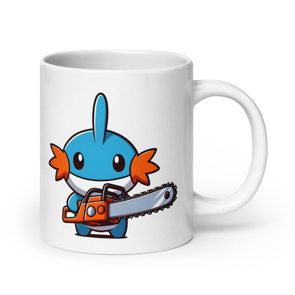 xtra-large Killémon Mudkip Mug (20oz), showcasing Mudkip losing all sense of chill, wielding a chainsaw as if the world did him dirty, proving that even the cutest Pokémon can snap, printed on an oversized novelty coffee cup for meme lords and chaos-loving trainers.