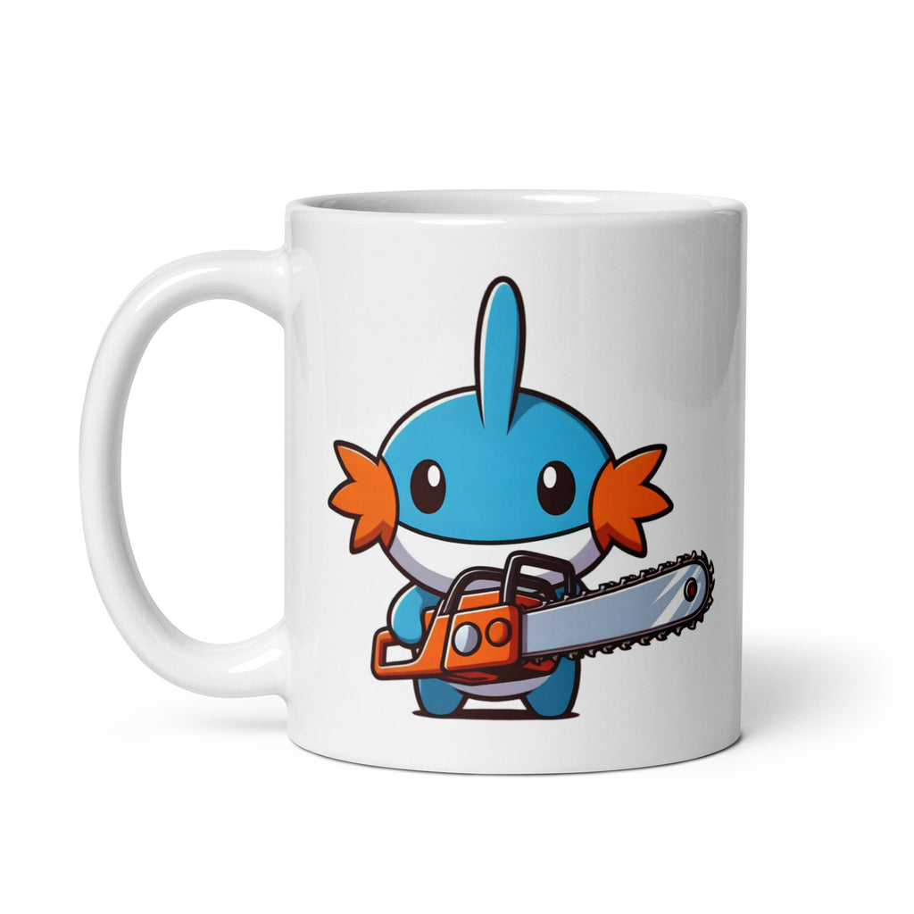Close-up of the right side of the Killémon Mudkip Mug (11oz), showcasing Mudkip gripping a chainsaw with unsettling confidence, printed on a meme-worthy novelty coffee cup for edgy trainers who wake up feeling slightly aggressive.