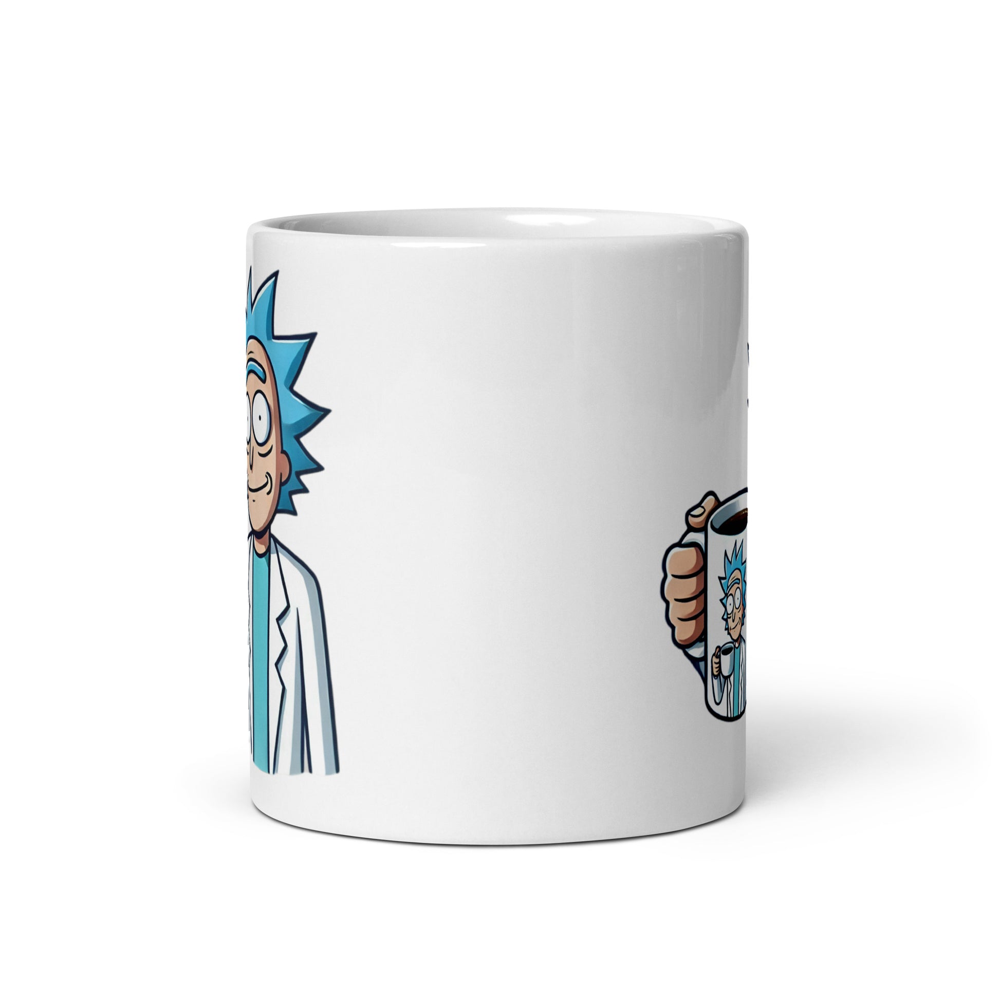 Front view of the Meta Rick Sanchez Mug (11oz), showcasing Rick caught in an infinite loop, holding a mug with his own image repeating forever, blending sci-fi madness with meme-worthy recursion, printed on a collector’s edition coffee cup for pop culture enthusiasts.