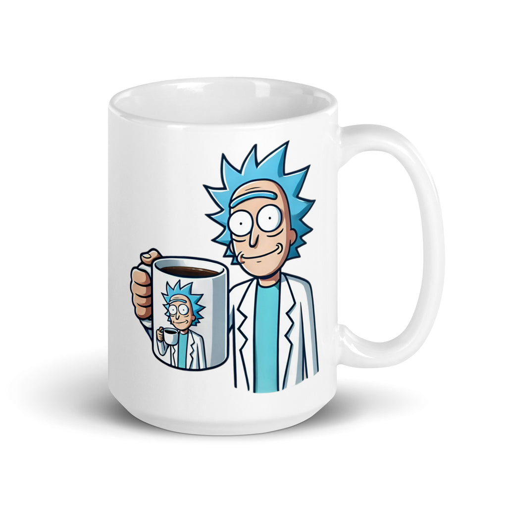 Larger-sized Meta Rick Sanchez Mug (15oz), featuring Rick Sanchez holding his own recursive mug, looping endlessly into sci-fi absurdity, blending multiversal chaos with meme culture, printed on high-quality ceramic drinkware for deep thinkers and fans of paradoxes.