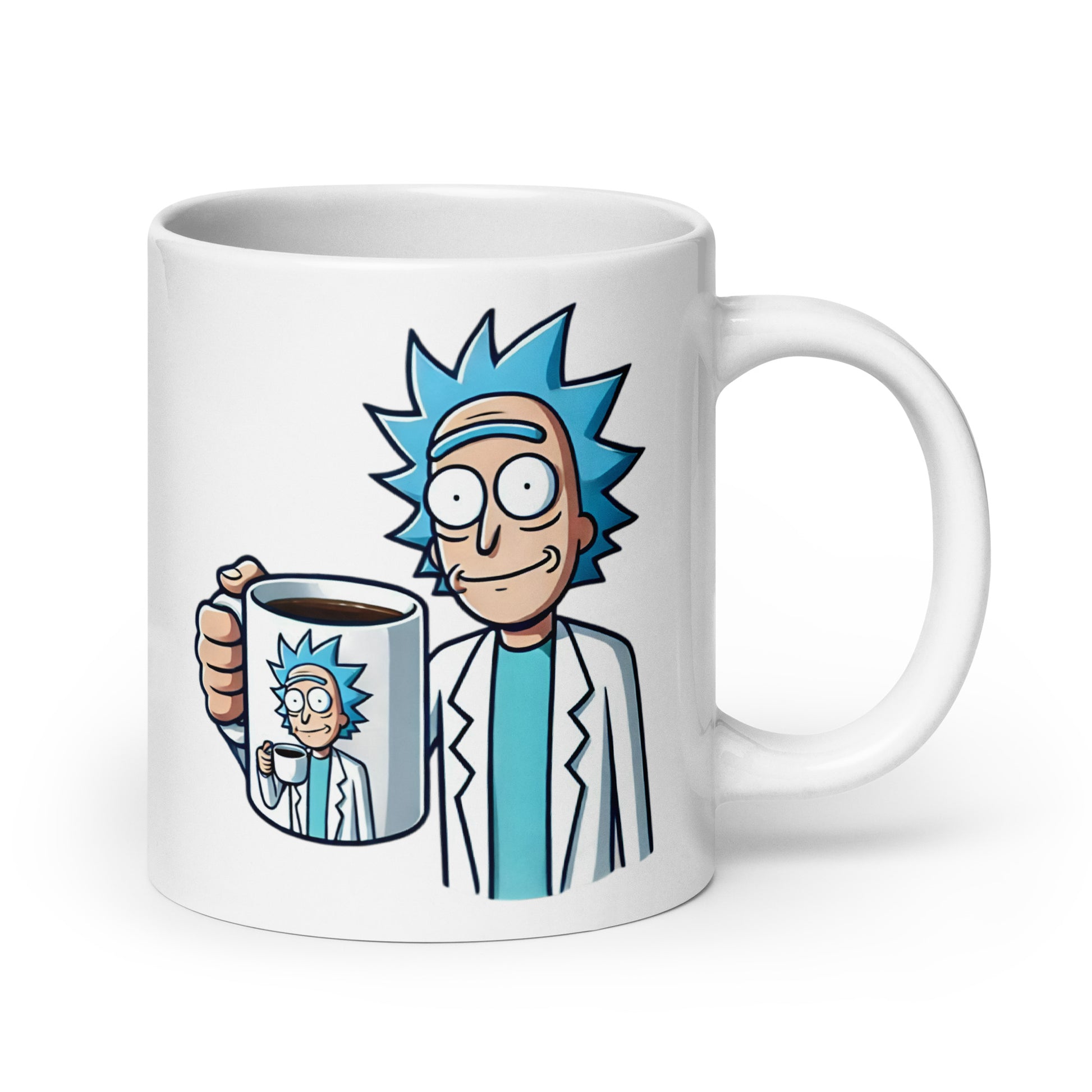 Extra-large Meta Rick Sanchez Mug (20oz), featuring Rick Sanchez trapped in an endless loop of holding a mug that holds him holding a mug, turning this sci-fi meme masterpiece into the perfect collectible, printed on an oversized novelty coffee cup for fans of infinite recursion and sci-fi madness.