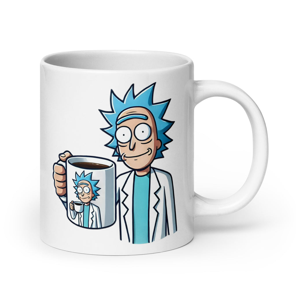 Extra-large Meta Rick Sanchez Mug (20oz), featuring Rick Sanchez trapped in an endless loop of holding a mug that holds him holding a mug, turning this sci-fi meme masterpiece into the perfect collectible, printed on an oversized novelty coffee cup for fans of infinite recursion and sci-fi madness.