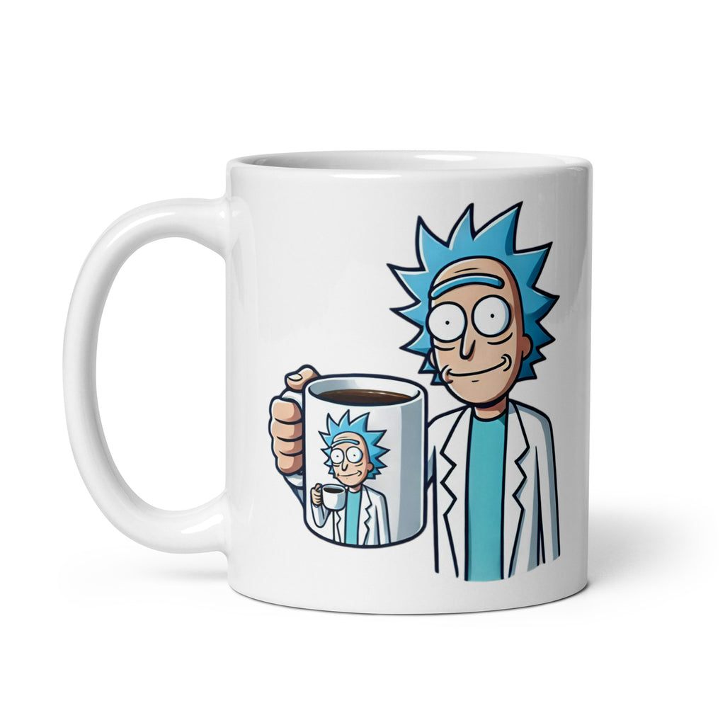 Close-up of the right side of the Meta Rick Sanchez Mug (11oz), featuring Rick staring deep into the void of his own infinite recursion, making this the perfect paradoxical meme coffee cup for sci-fi lovers, printed on a novelty coffee cup built for collectors.