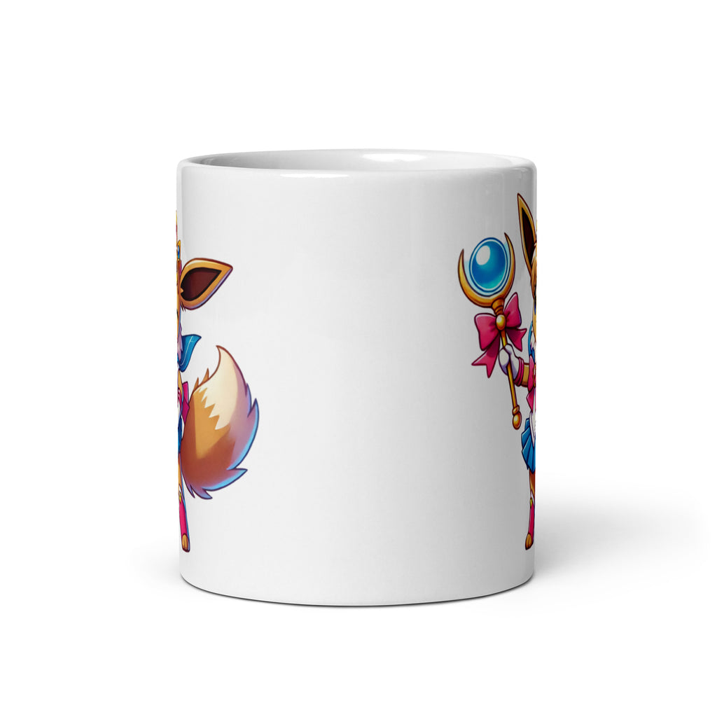 11oz mug showcasing Sailor Eevee, a crossover of Eevee and Sailor Moon, front view with glimpses of the design on both sides.