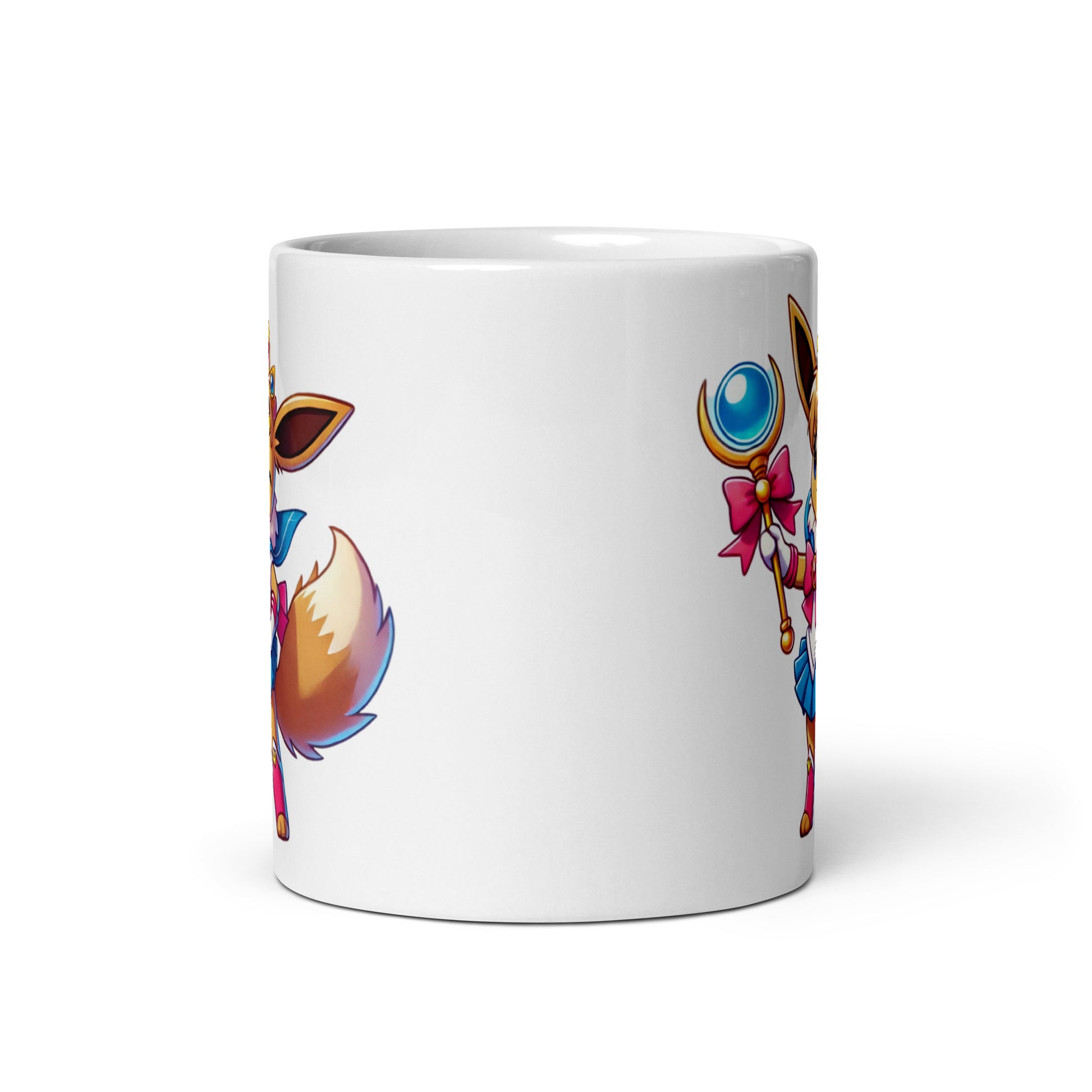 11oz mug showcasing Sailor Eevee, a crossover of Eevee and Sailor Moon, front view with glimpses of the design on both sides.