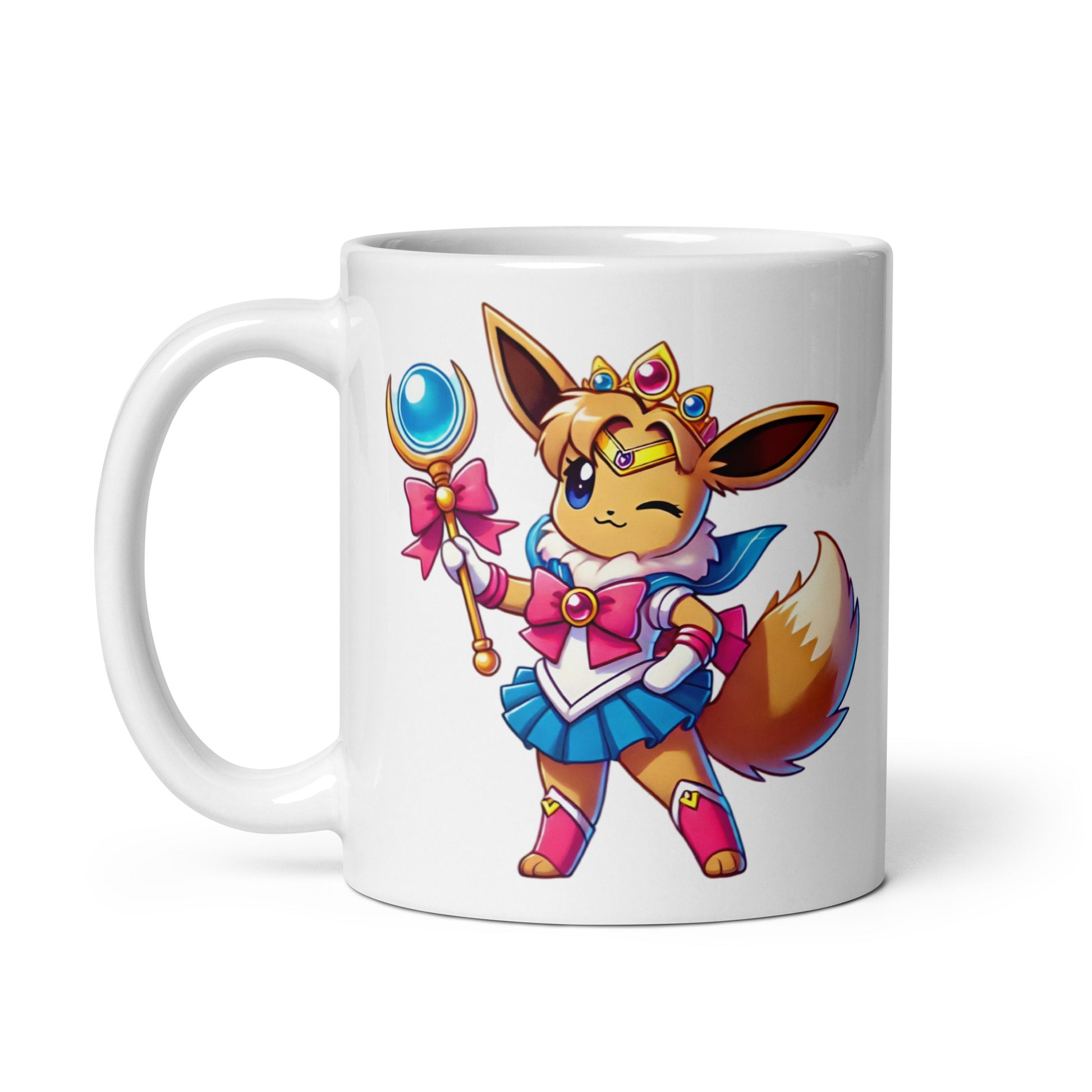 11oz mug with Sailor Eevee artwork, the Pokémon x Sailor Moon mashup, handle on the left.