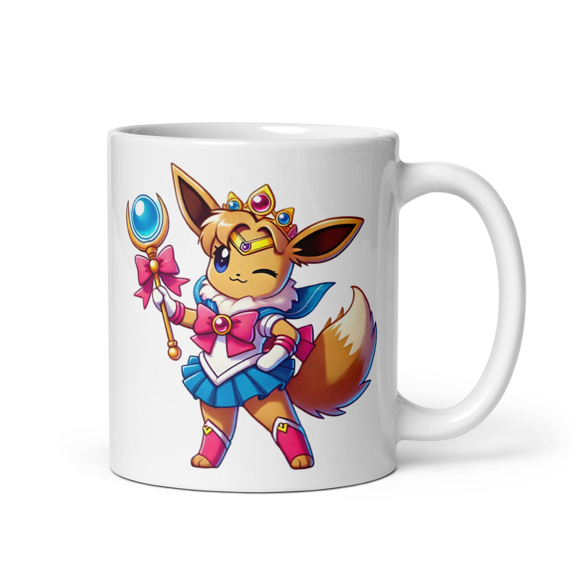 1oz mug featuring Sailor Eevee, a Pokémon and Sailor Moon mashup, handle on the right.