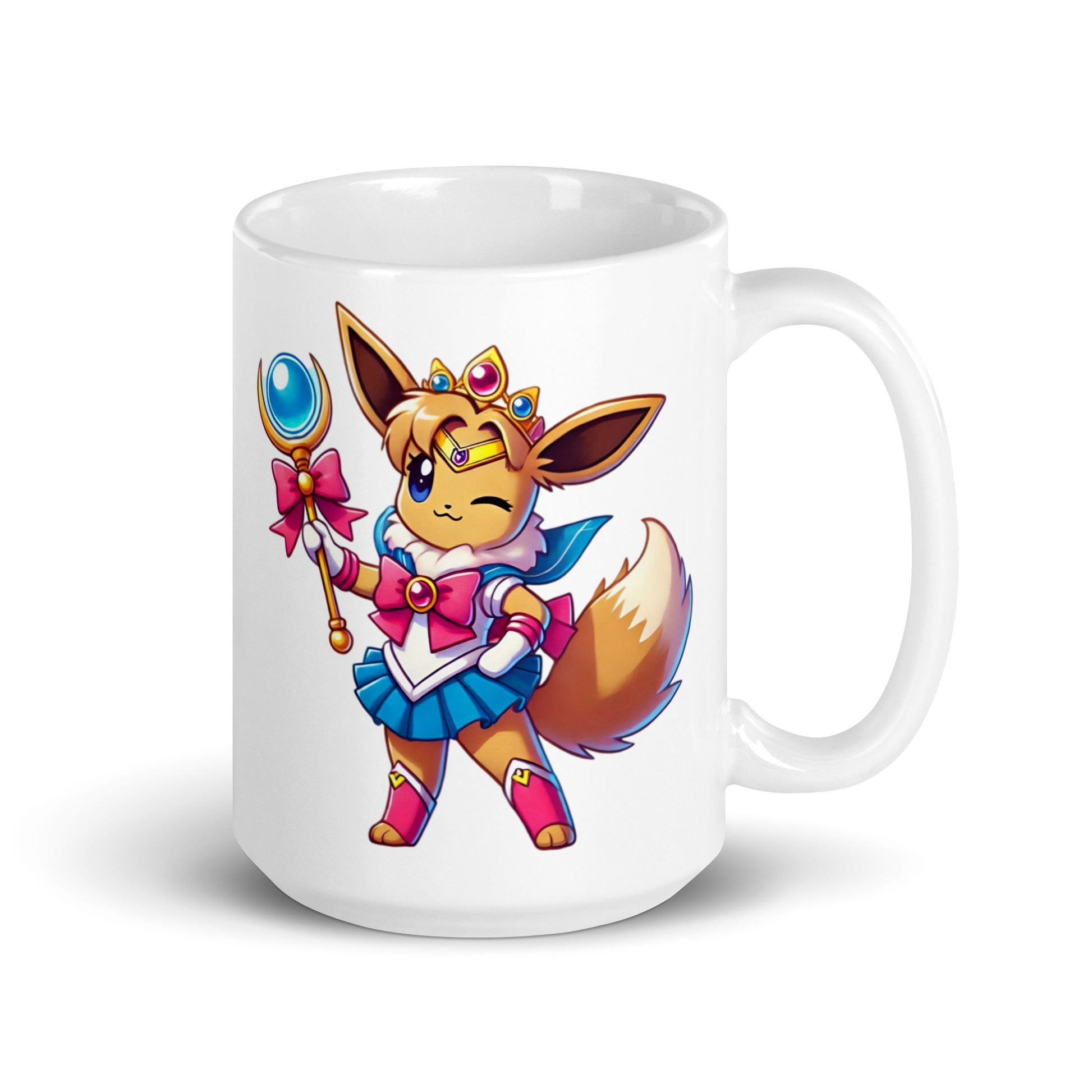 15oz mug featuring Sailor Eevee, blending Pokémon evolution energy with magical girl transformation vibes, handle on the right.