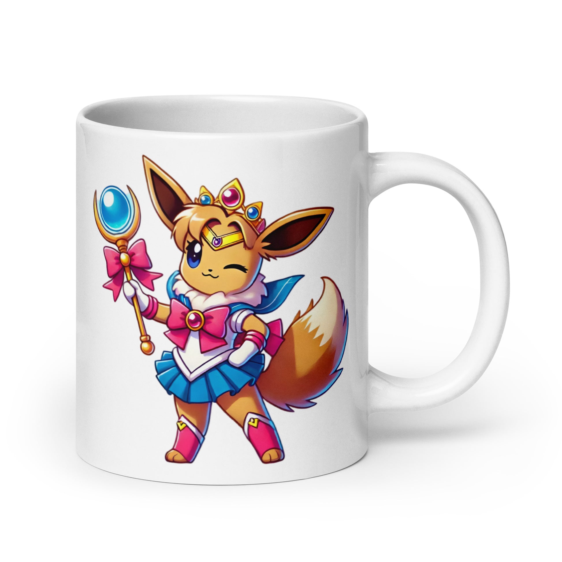 20oz mug with the unmistakable Sailor Eevee fusion, combining Eevee’s adaptability with Sailor Moon’s cosmic destiny, handle on the right.