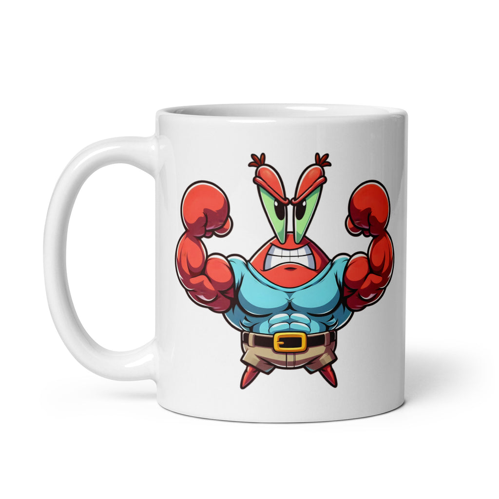 11oz mug featuring Buff Mr. Krabs, the overly jacked, money-obsessed entrepreneur, handle on the left.