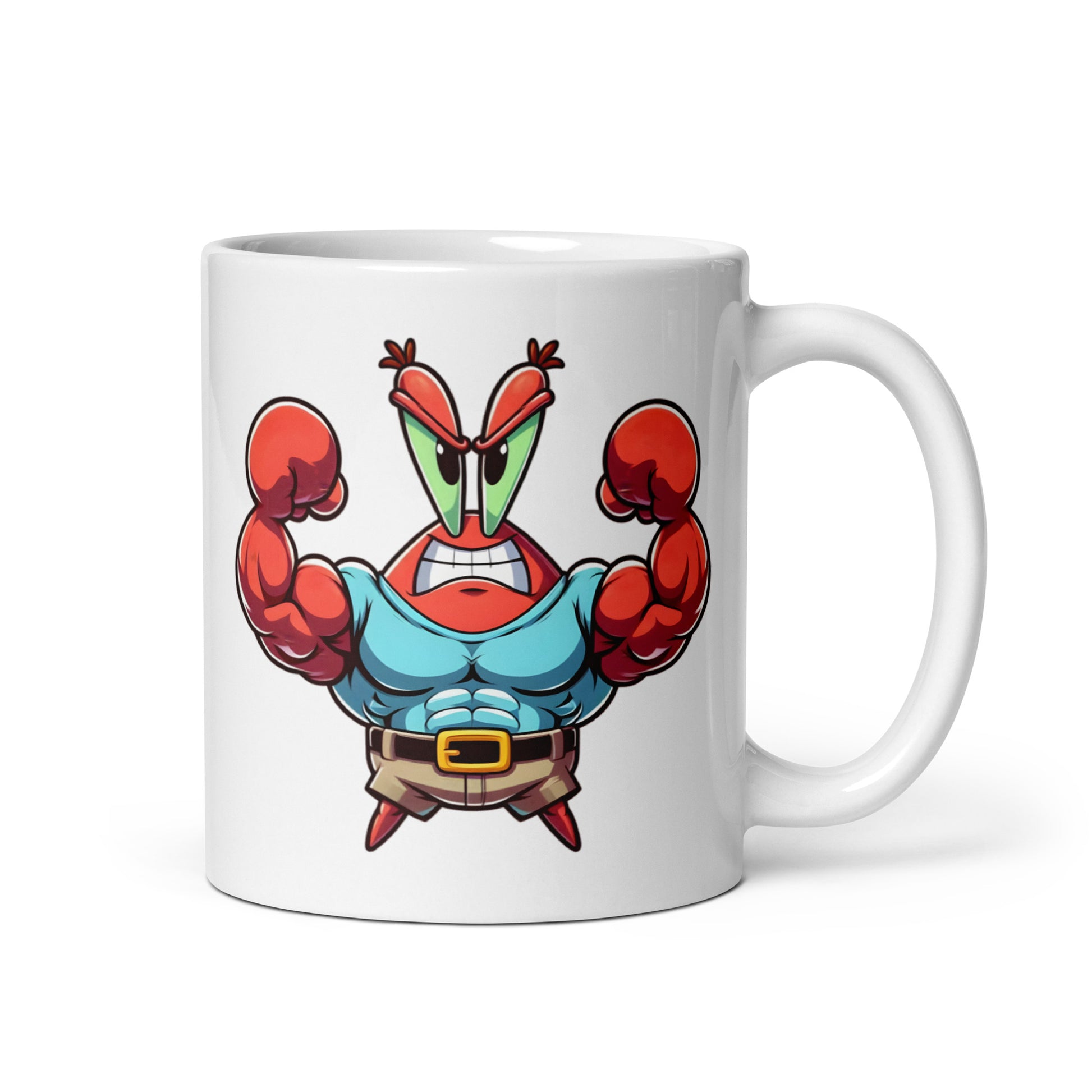1oz mug featuring Buff Mr. Krabs, the strongest and richest crab in Bikini Bottom, handle on the right.