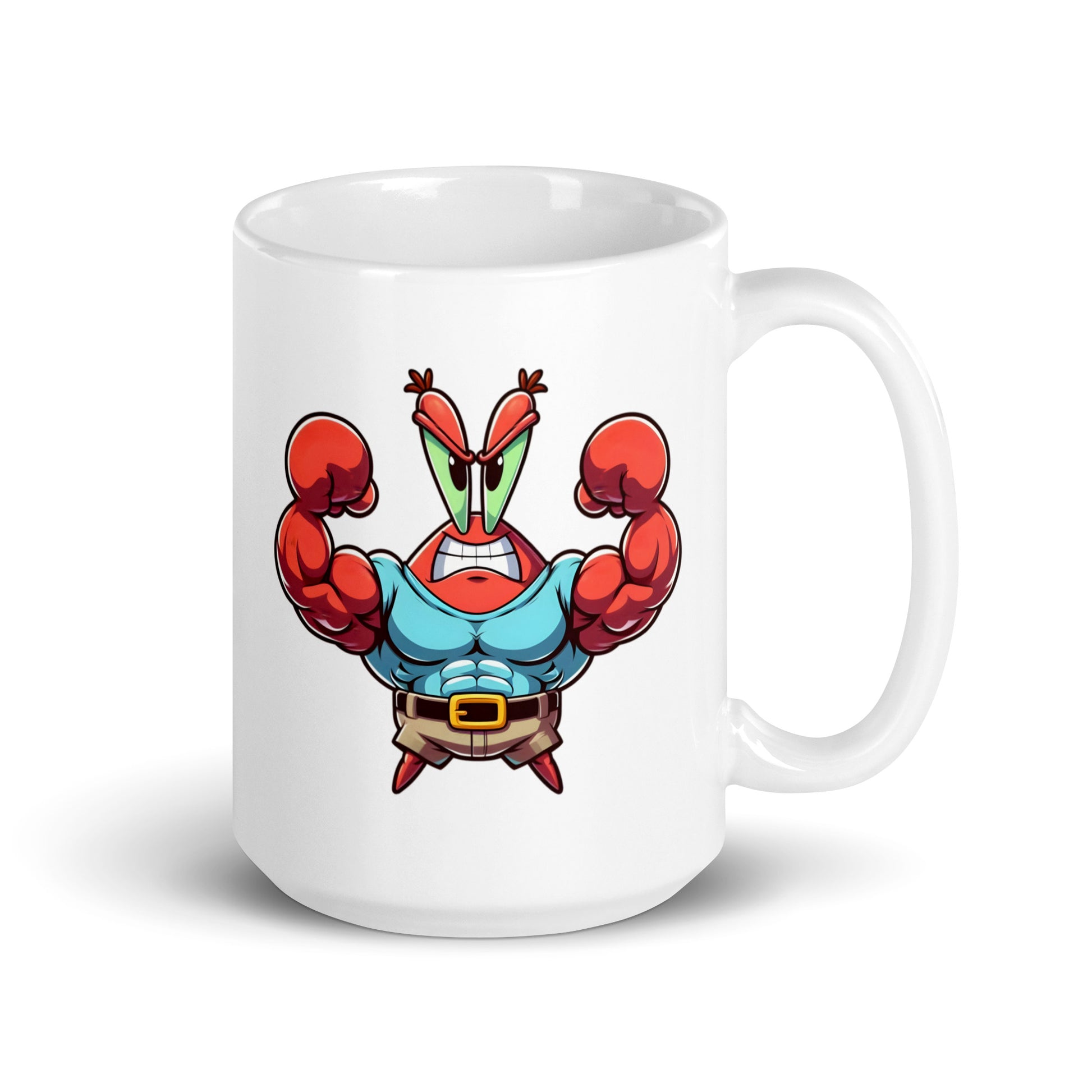 15oz mug with Buff Mr. Krabs, the buffest capitalist in the sea, flexing his claws and his wealth, handle on the right.