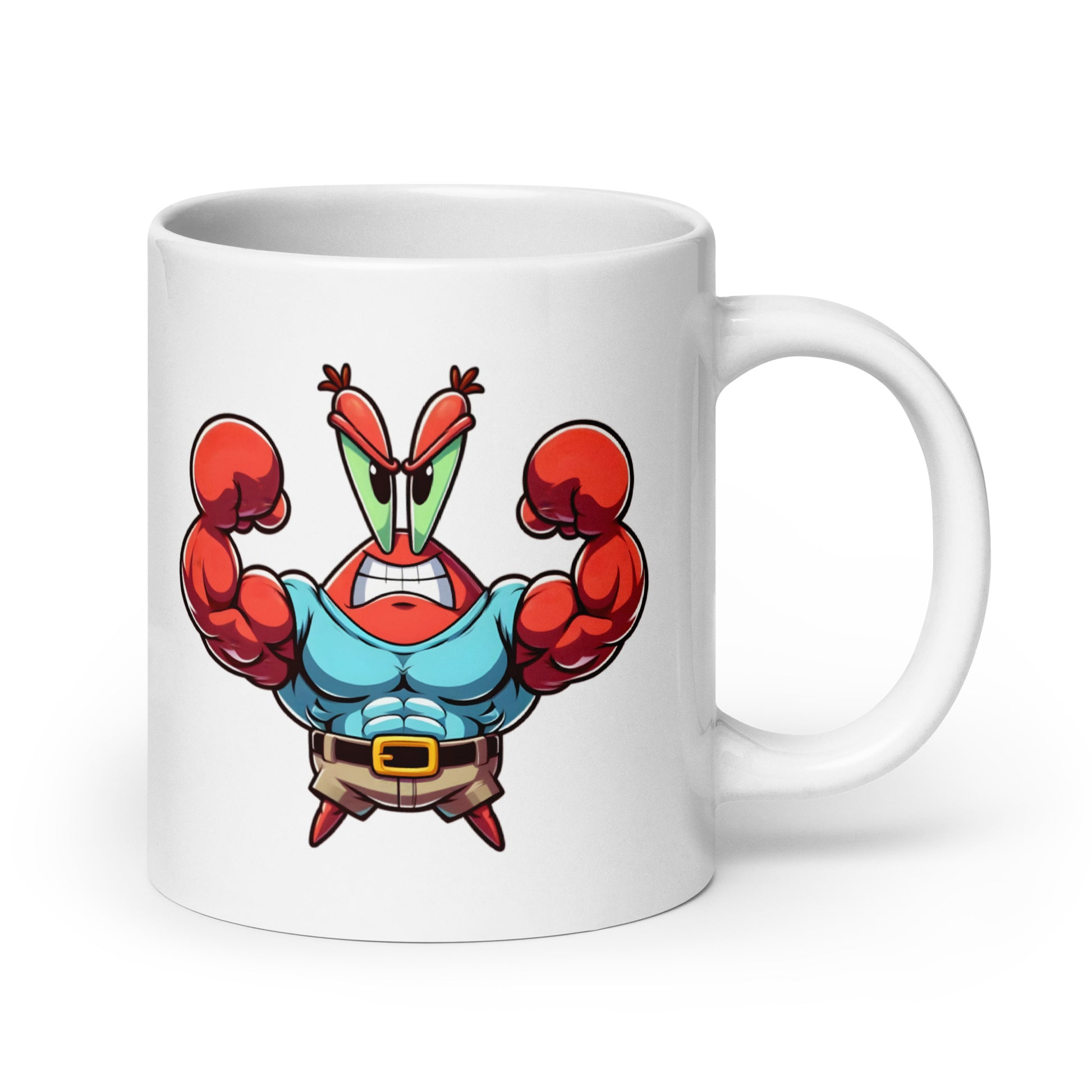 20oz mug showcasing Buff Mr. Krabs, an ultra-muscled crab who lifts weights and financial empires, handle on the right.