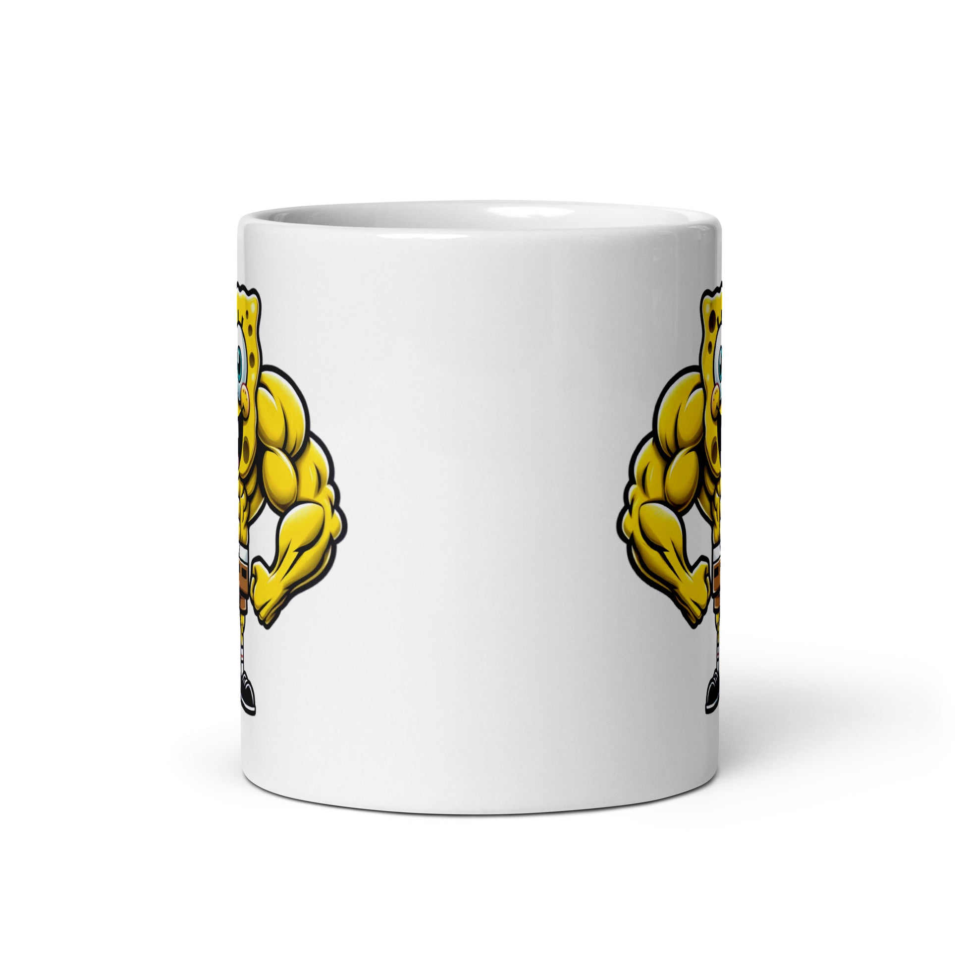 11oz mug showcasing SwoleBob BuffPants in full muscle glory, front view with a glimpse of the design on both sides. 