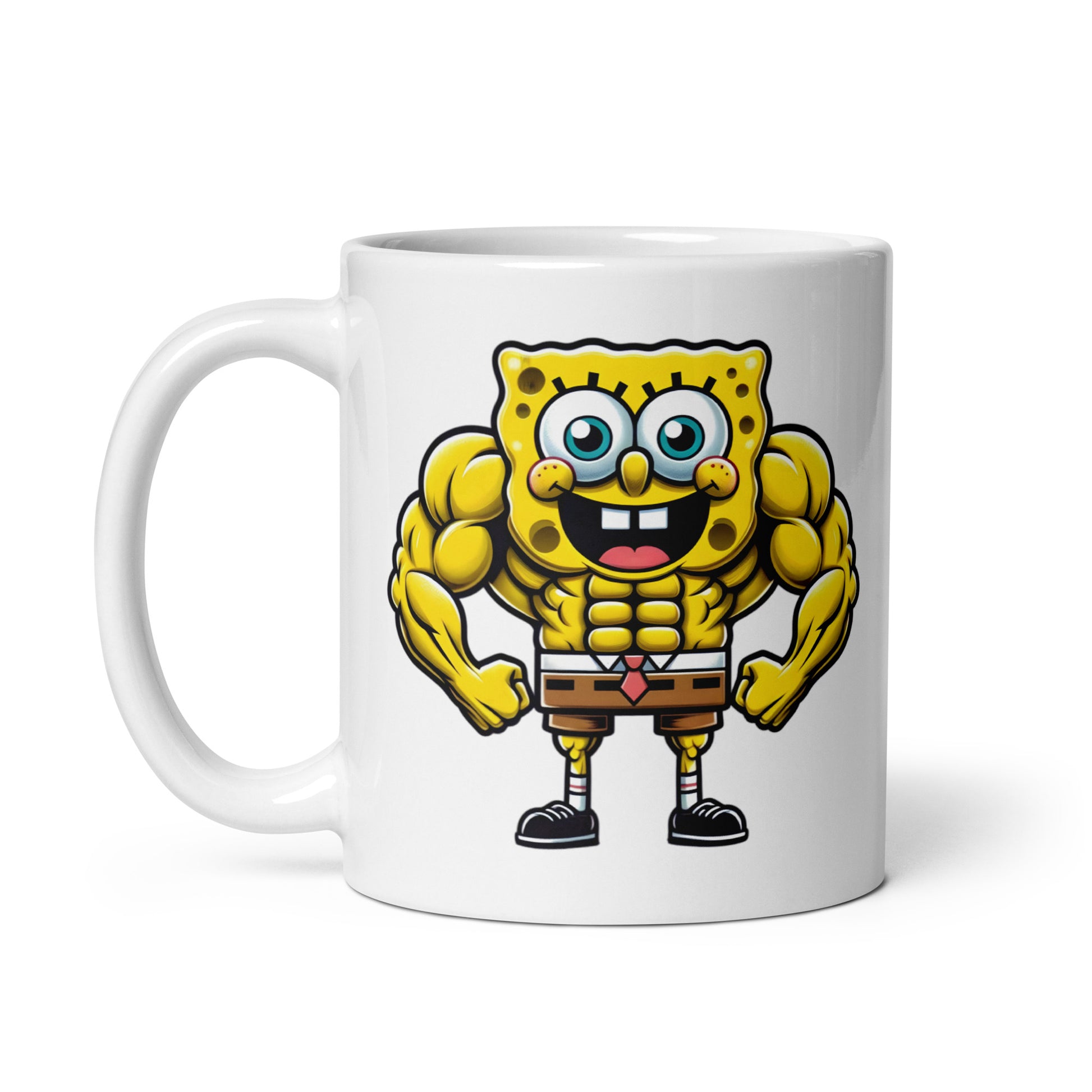 11oz mug featuring SwoleBob BuffPants, the strongest SpongeBob to ever exist, handle on the left.