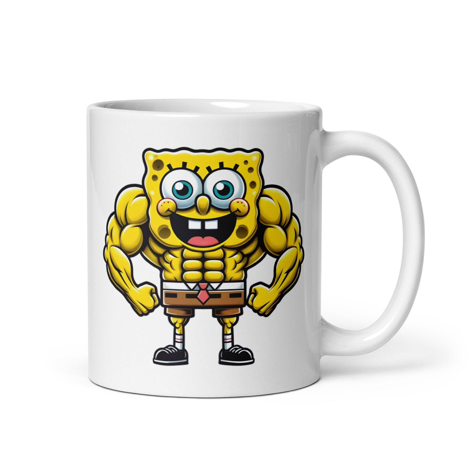 11oz mug featuring SwoleBob BuffPants, the ultra-buff SpongeBob flexing his underwater muscles, handle on the right.